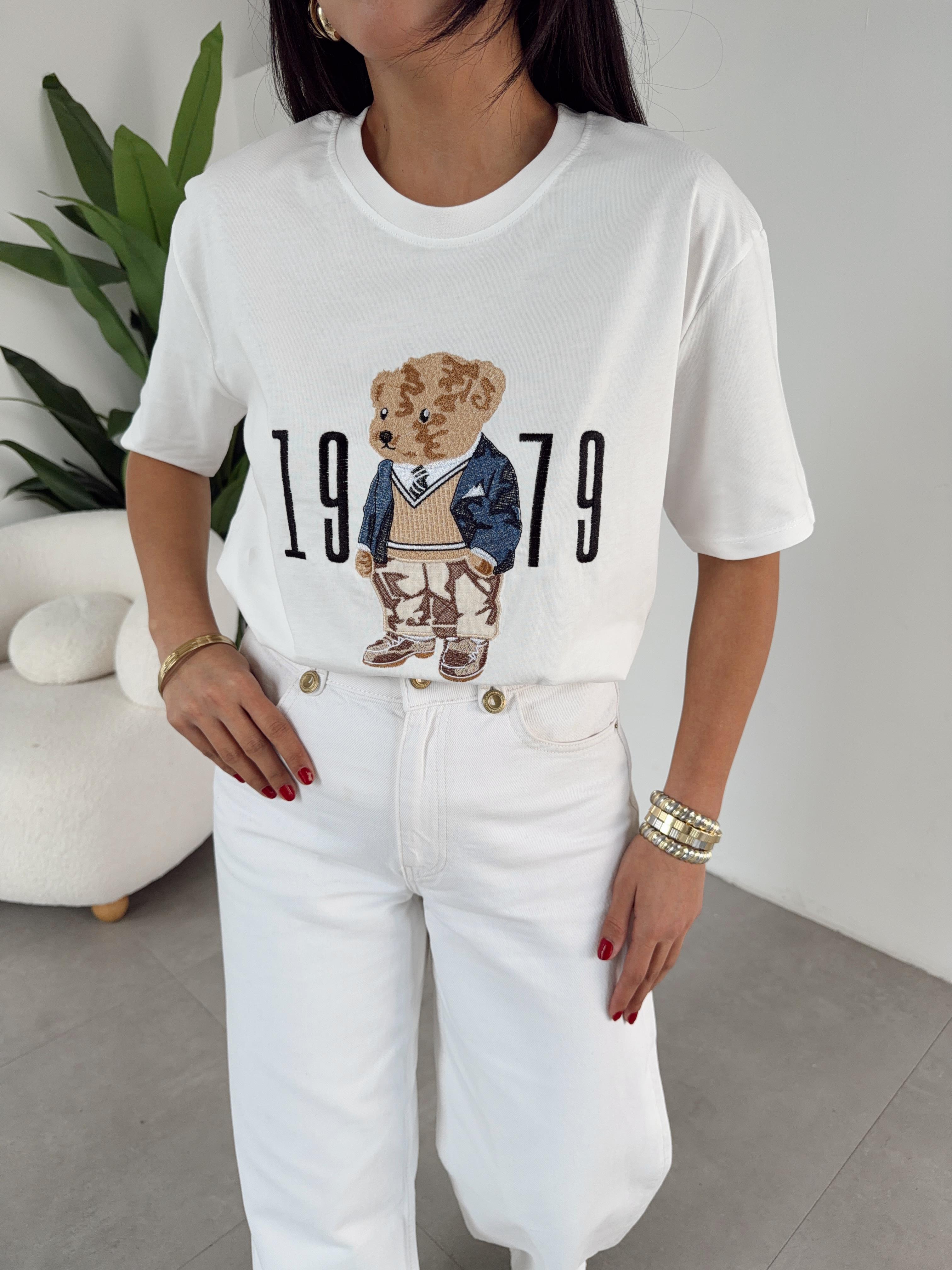 Ekru Ayıcık Baskılı Bisiklet Yaka Tshirt