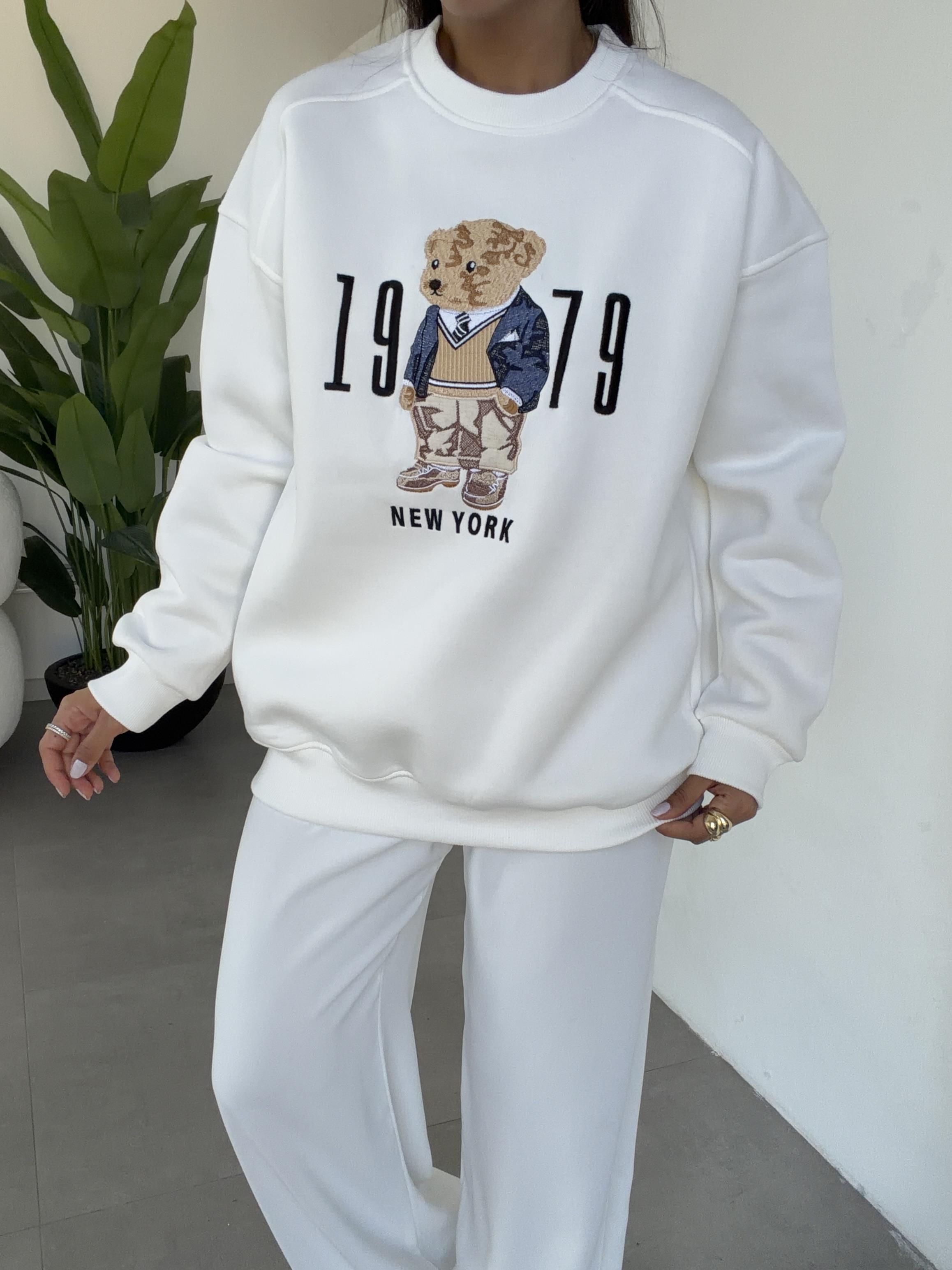 Ekru Ayıcık Desenli Sweatshirt