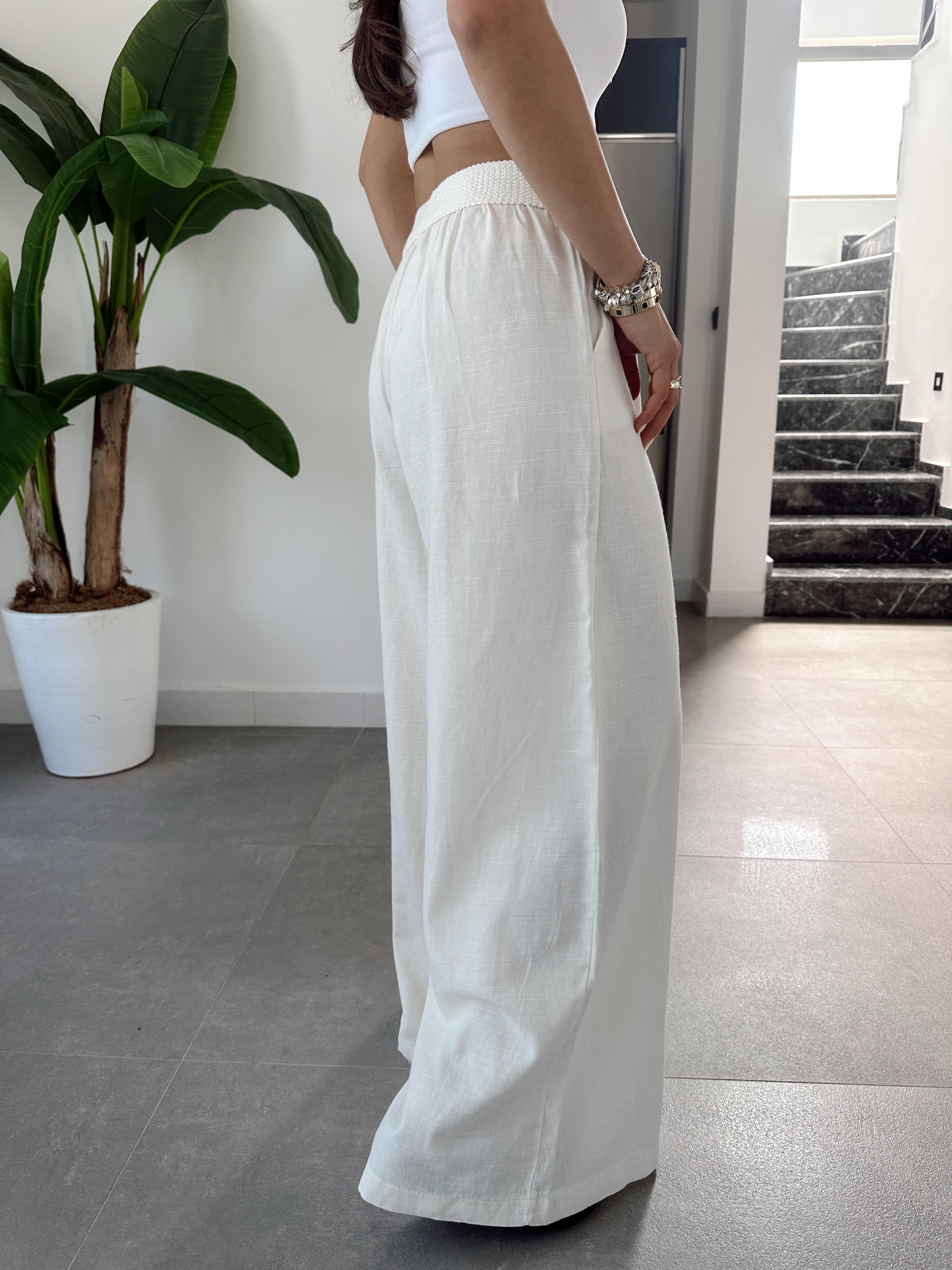 Ekru Beli Lastikli Bol Paça Pantolon