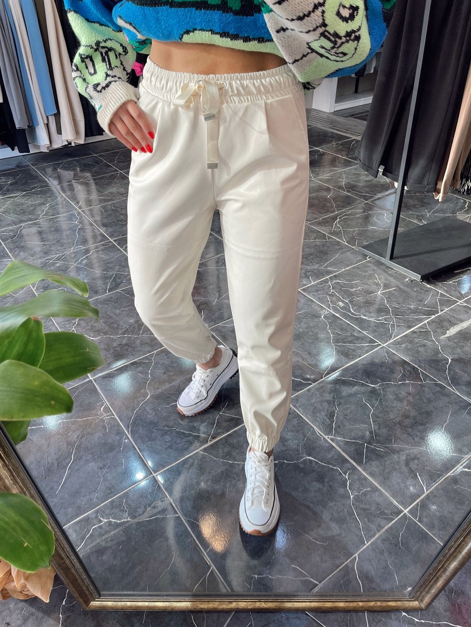 Ekru Beli Lastikli Deri Pantolon