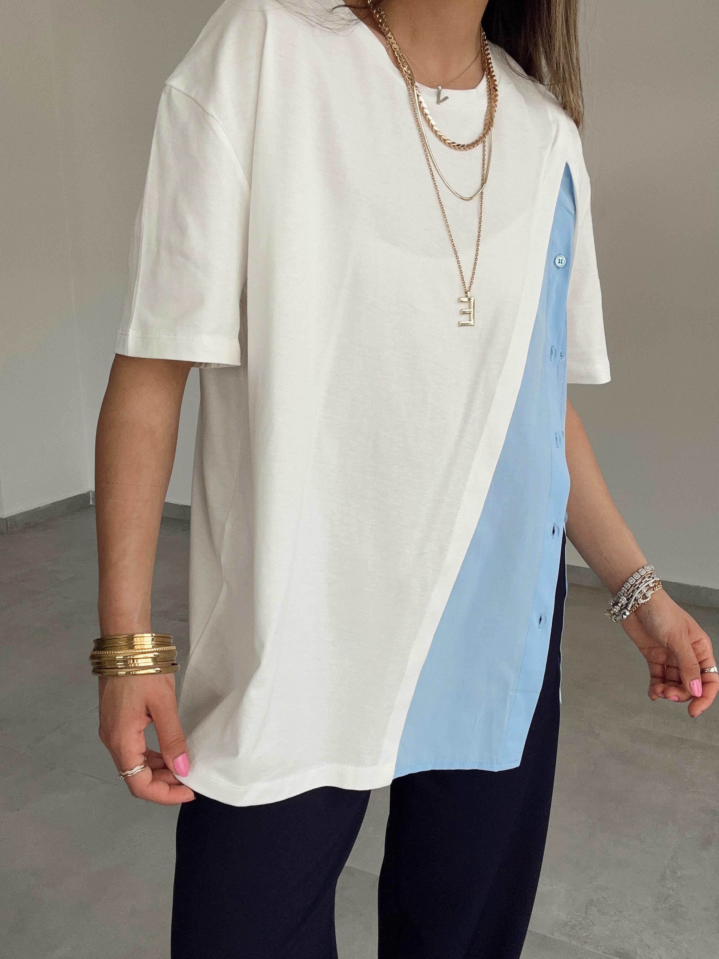 Ekru Bisiklet Yaka Garnili Tişört