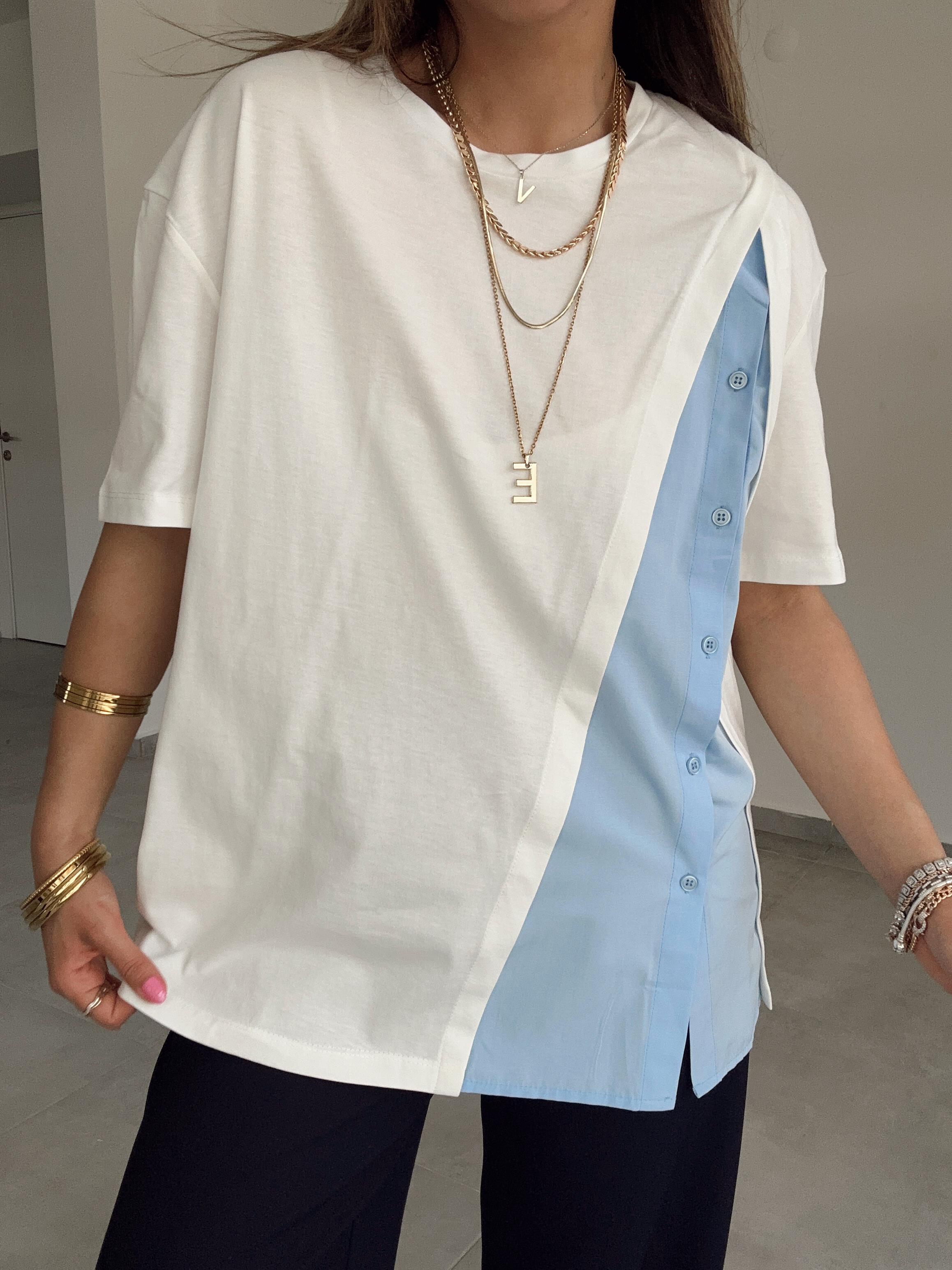 Ekru Bisiklet Yaka Garnili Tişört