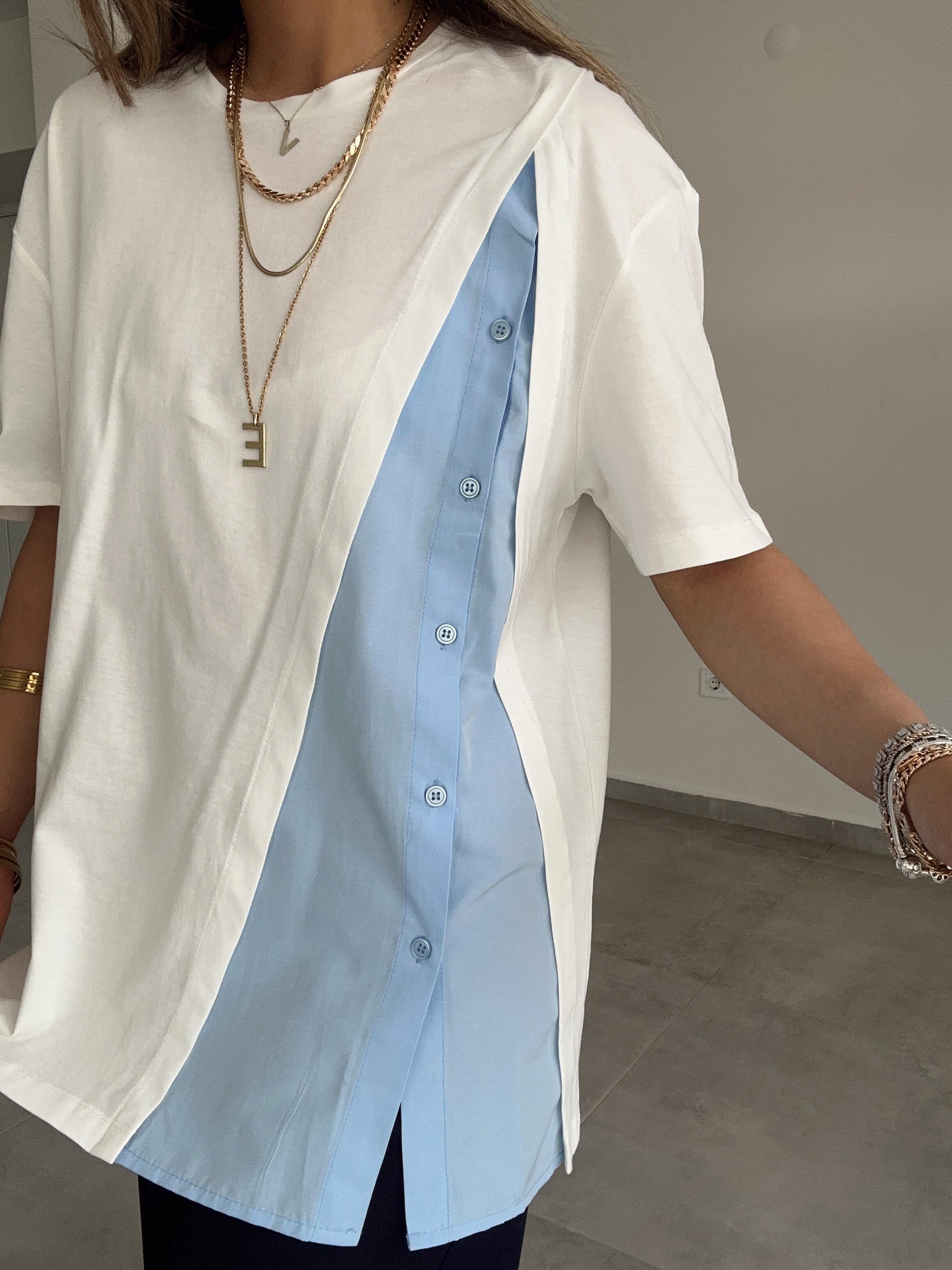 Ekru Bisiklet Yaka Garnili Tişört