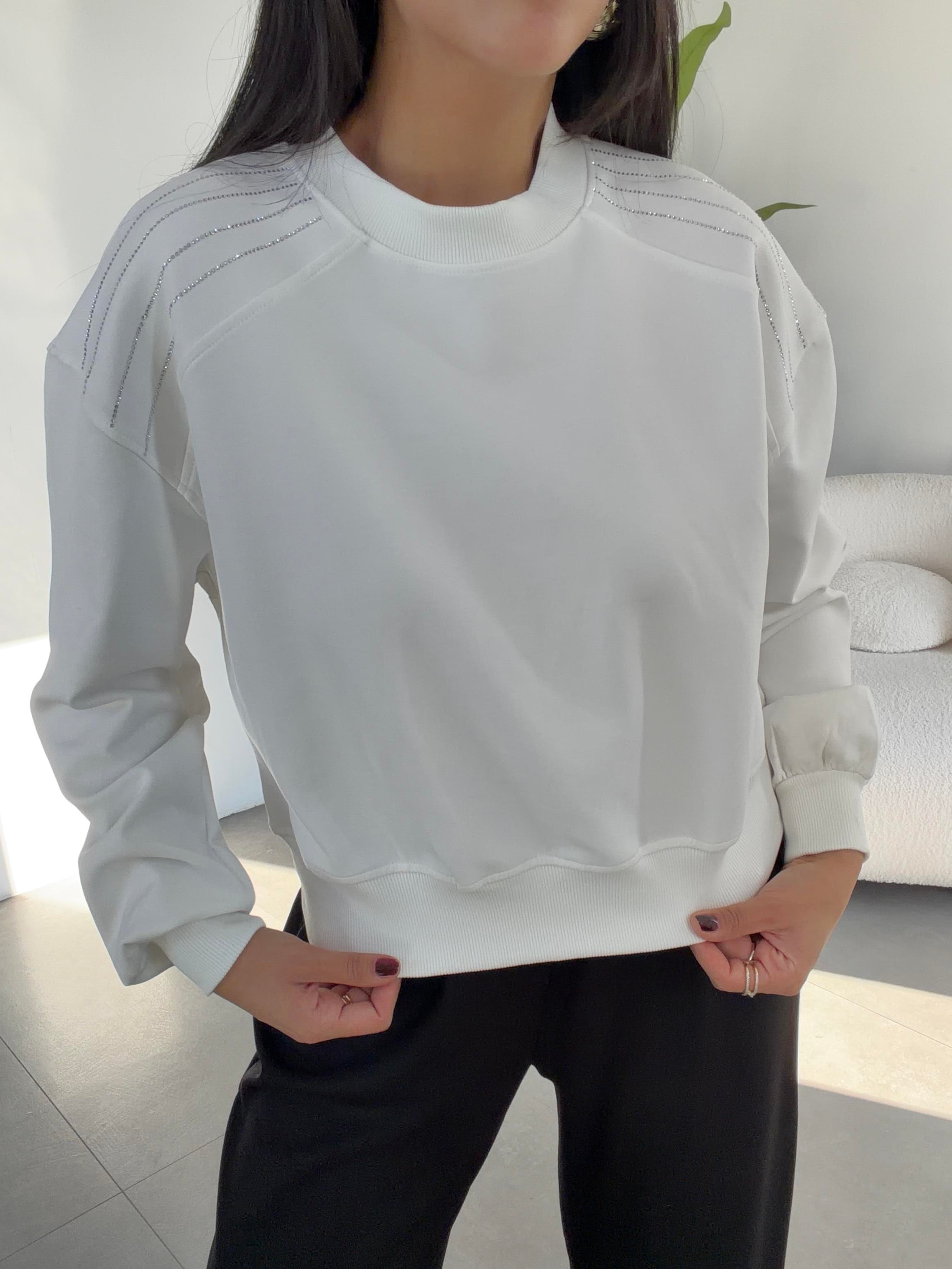 Ekru Bisiklet Yaka Omuz Taş Detaylı Sweat