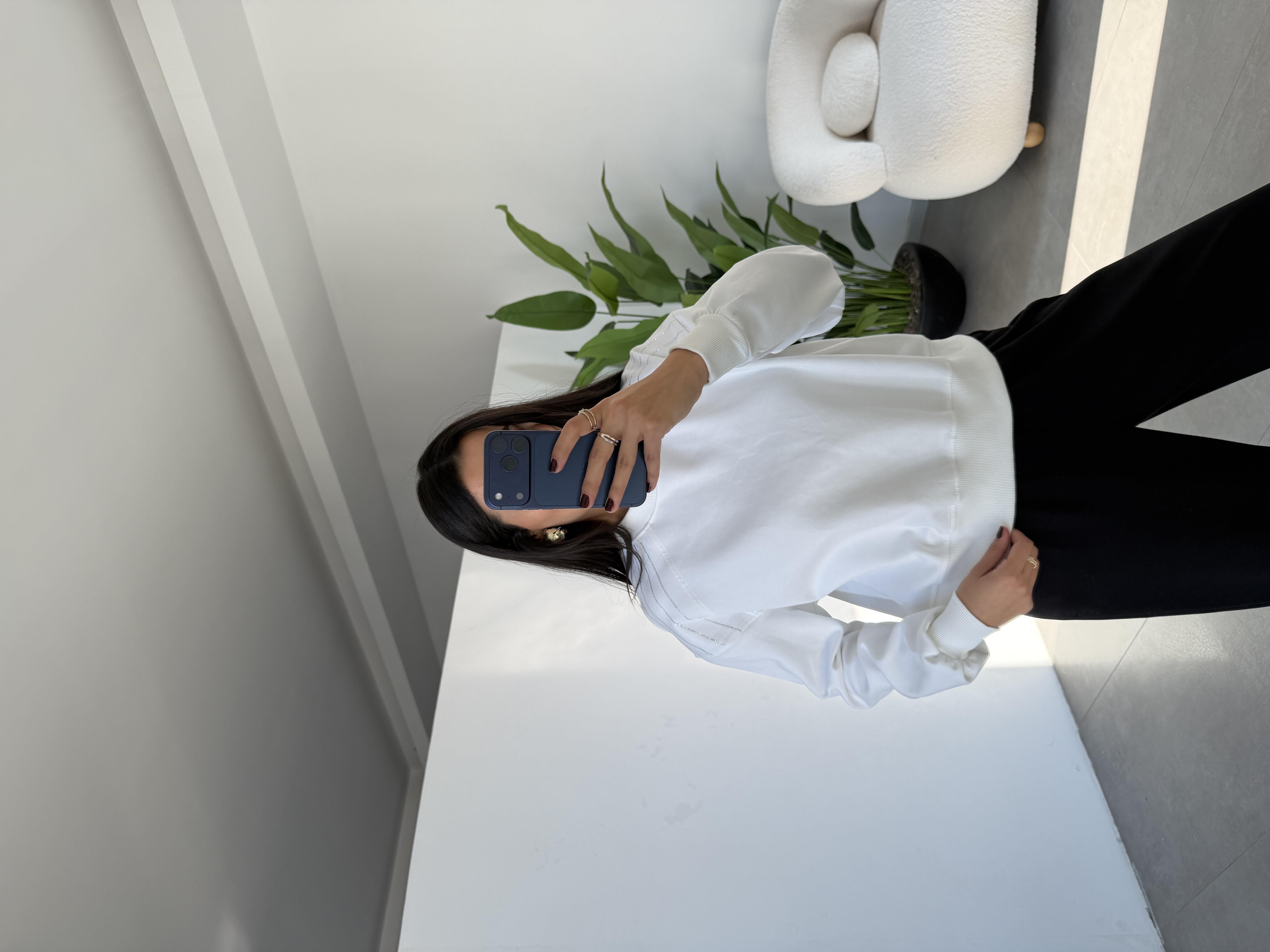Ekru Bisiklet Yaka Omuz Taş Detaylı Sweat