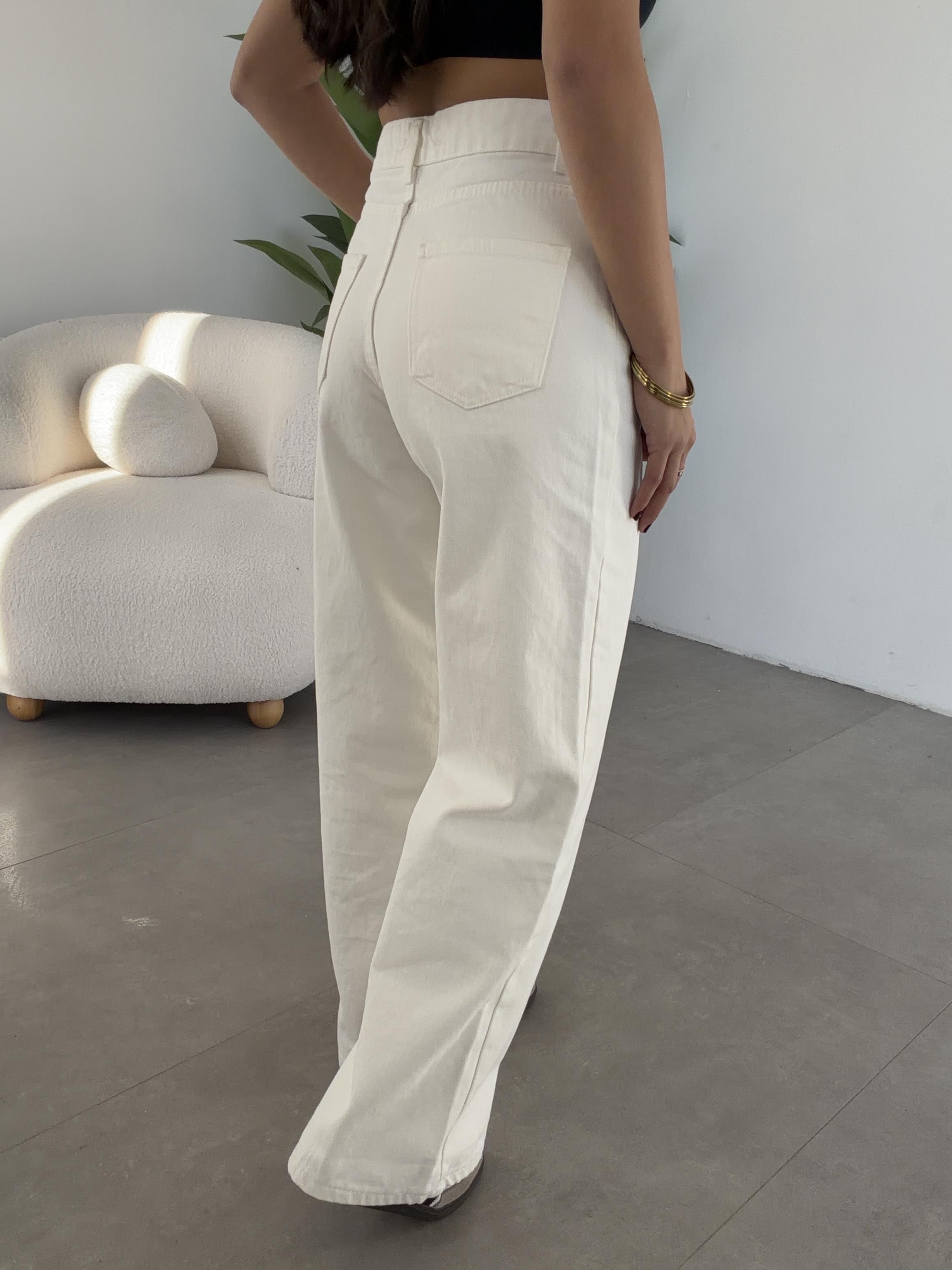 Ekru Bol Paça Denim Pantolon