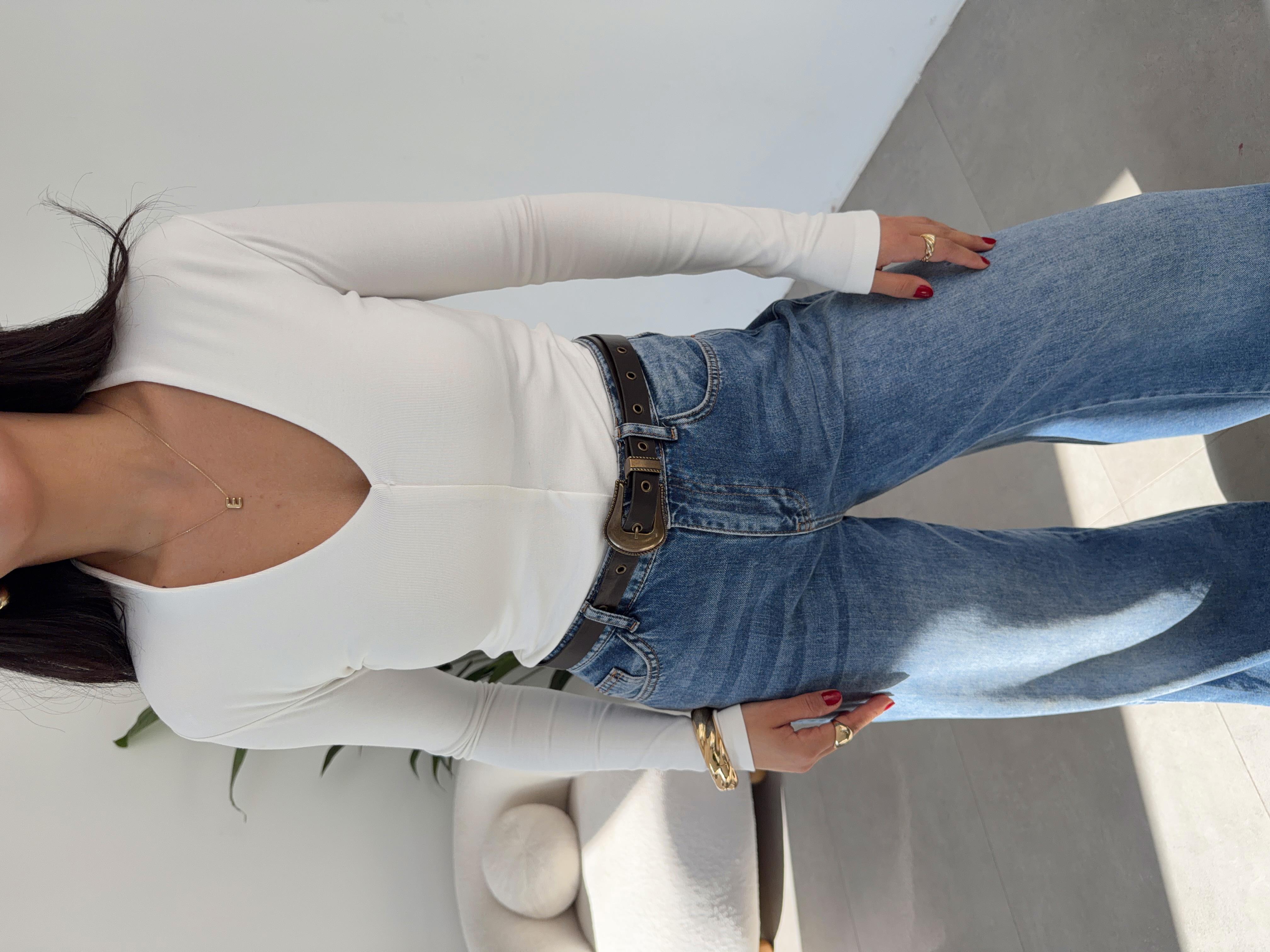 Ekru Buzzy V Yaka Uzun Kollu Body