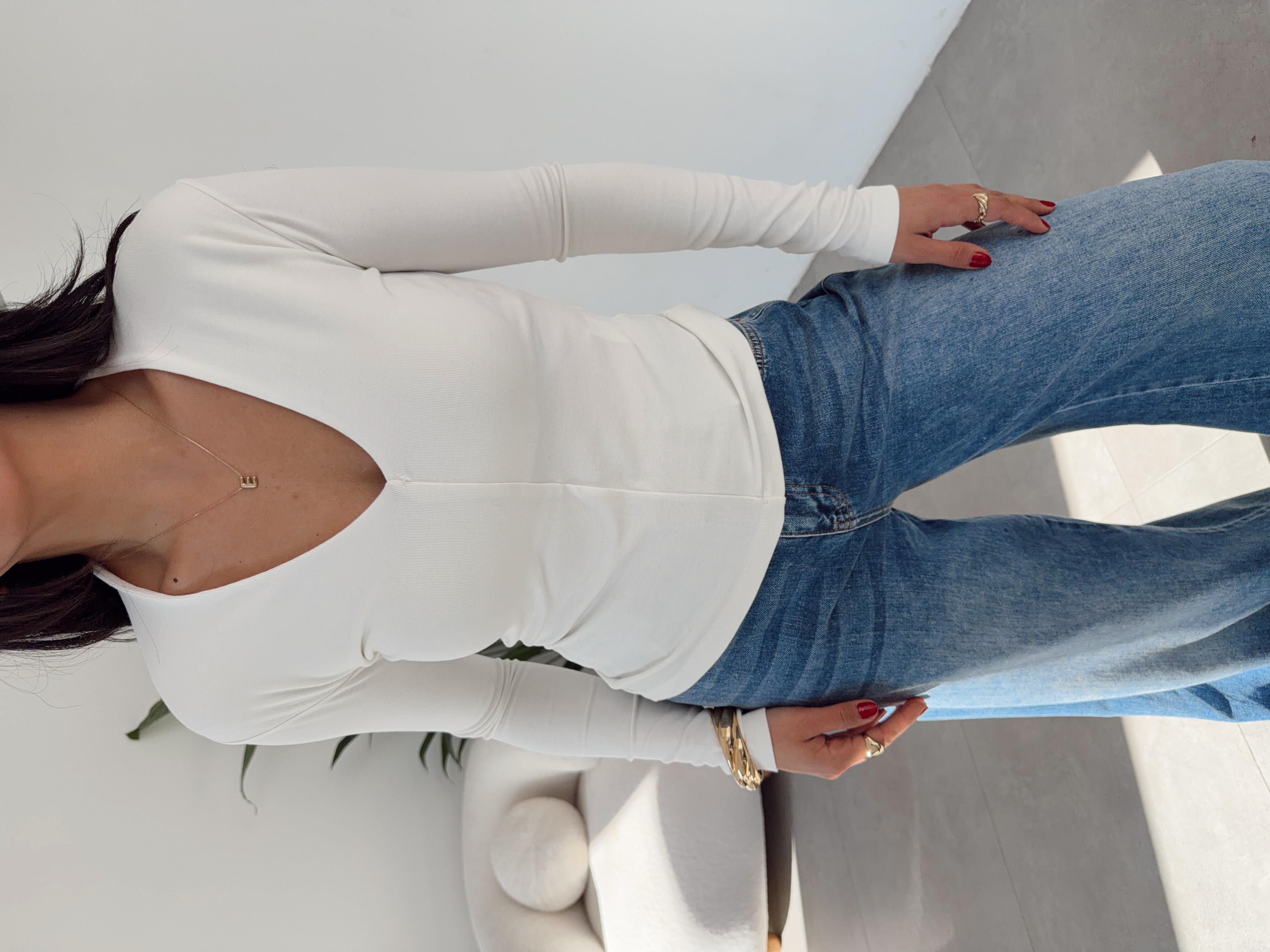 Ekru Buzzy V Yaka Uzun Kollu Body