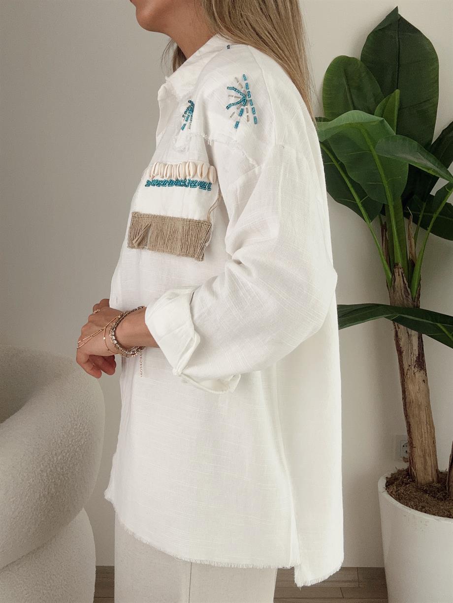 Ekru Deniz Kabuklu Boncuk İşlemeli Keten Gömlek