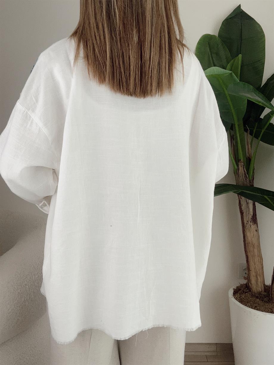 Ekru Deniz Kabuklu Boncuk İşlemeli Keten Gömlek