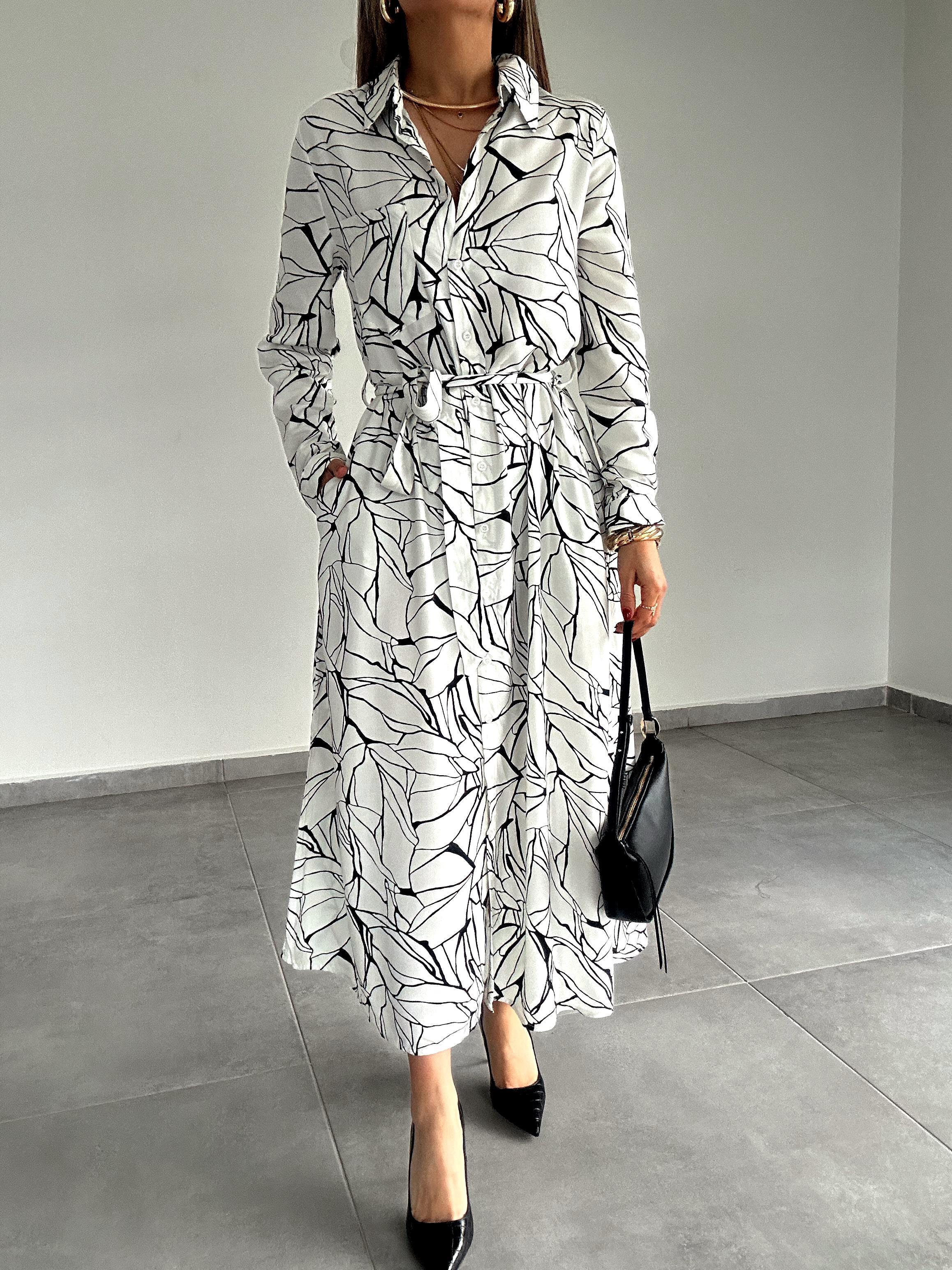 Ekru Desenli Midi Önden Düğmeli Elbise