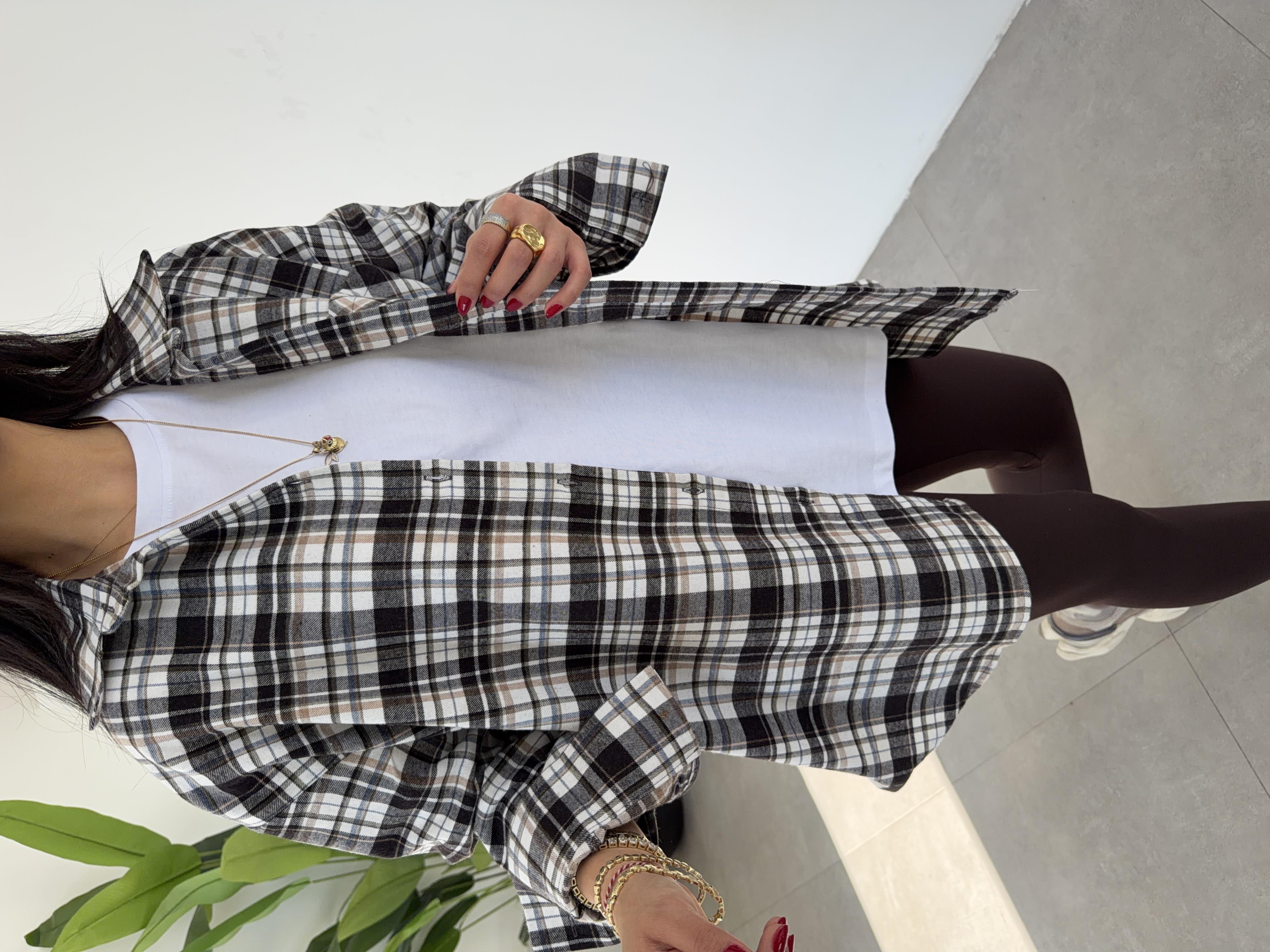 Ekru Ekose Pamuk Oversize Gömlek