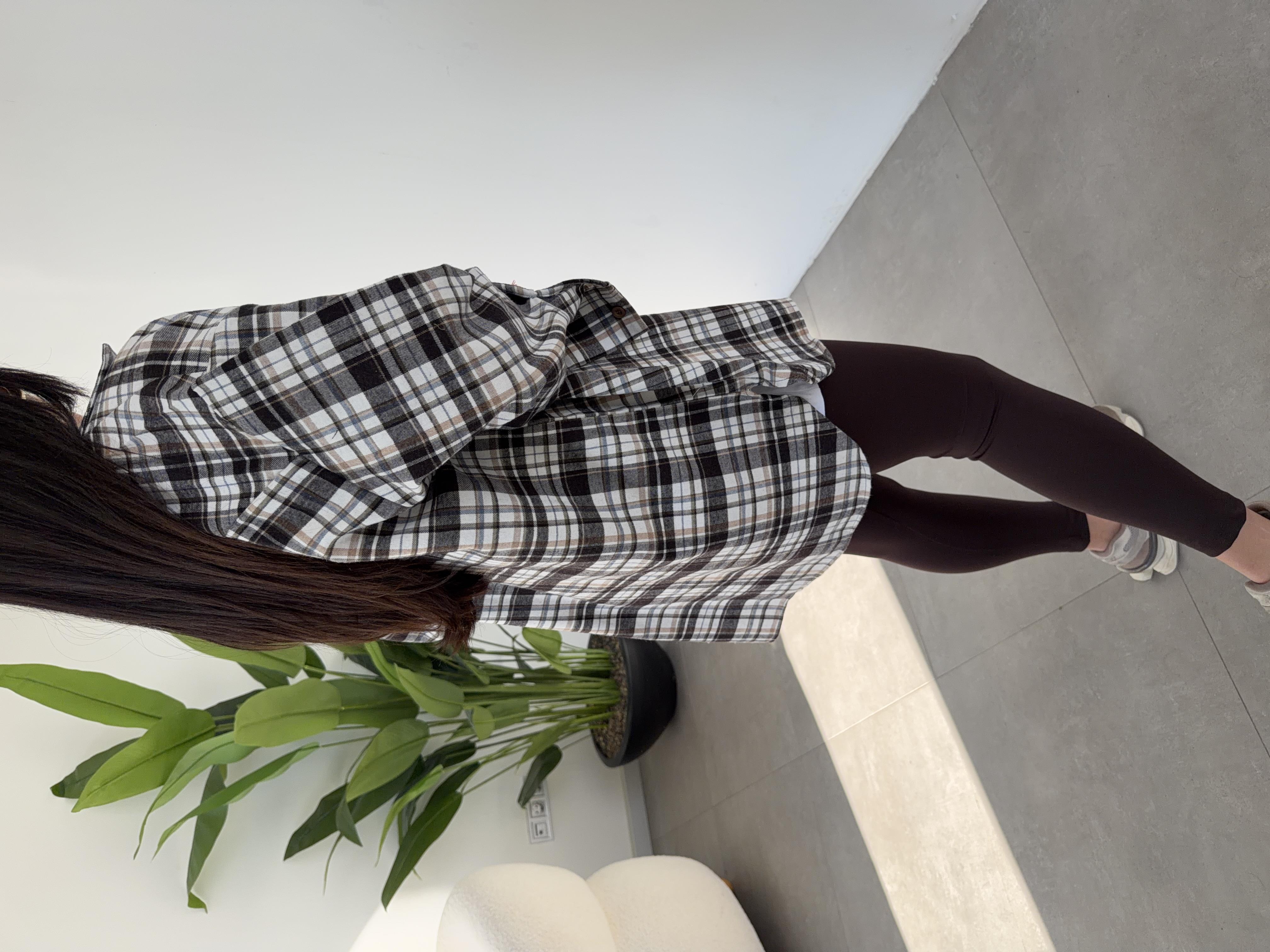 Ekru Ekose Pamuk Oversize Gömlek