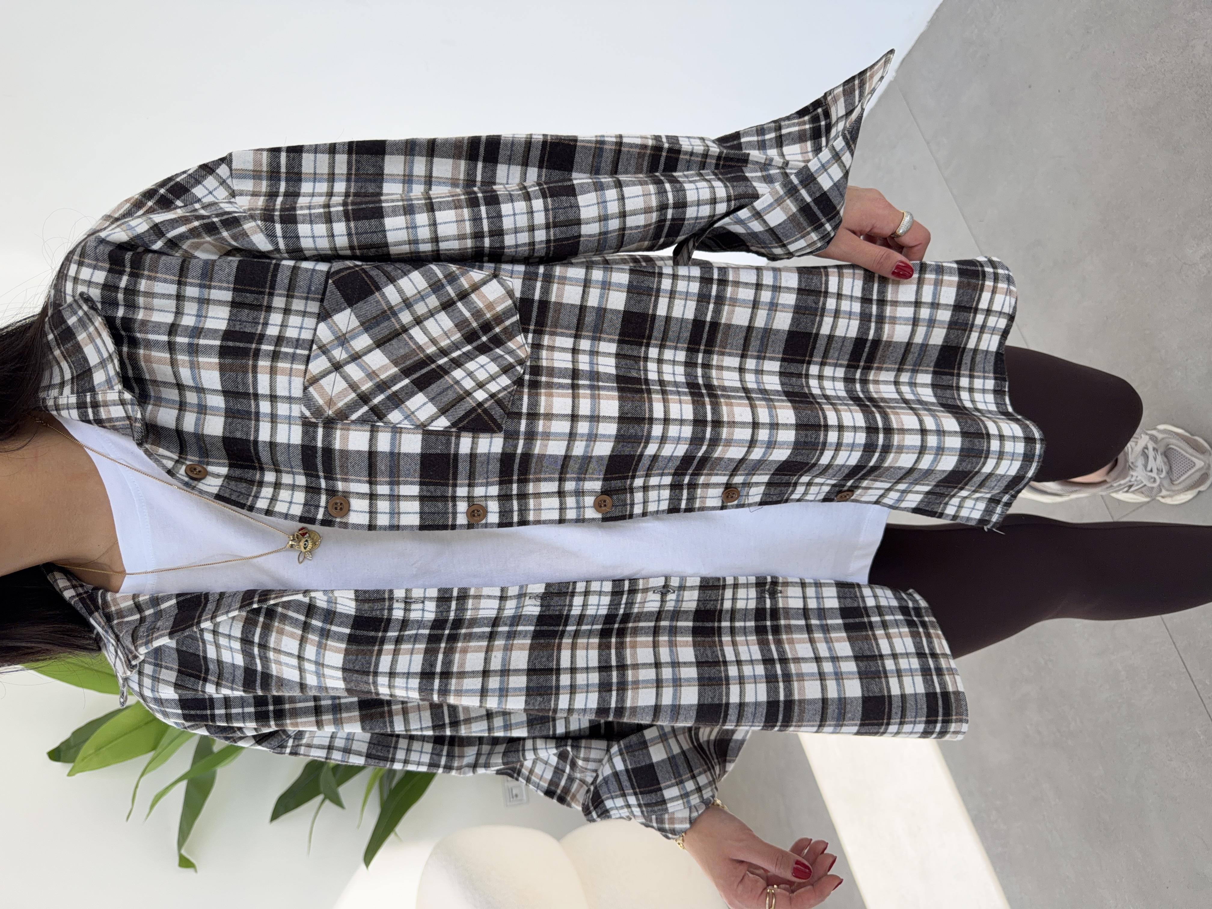 Ekru Ekose Pamuk Oversize Gömlek