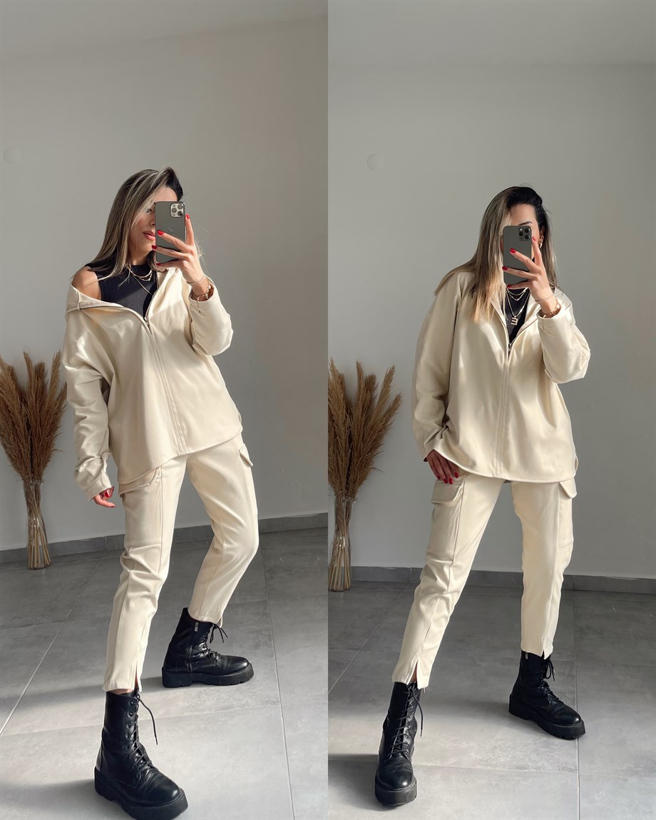 Ekru Fermuar Detaylı Polar Sweatshirt