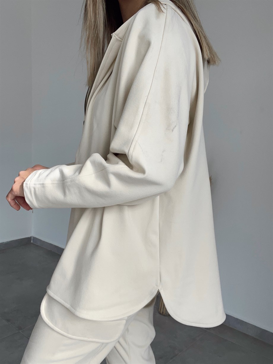 Ekru Fermuar Detaylı Polar Sweatshirt