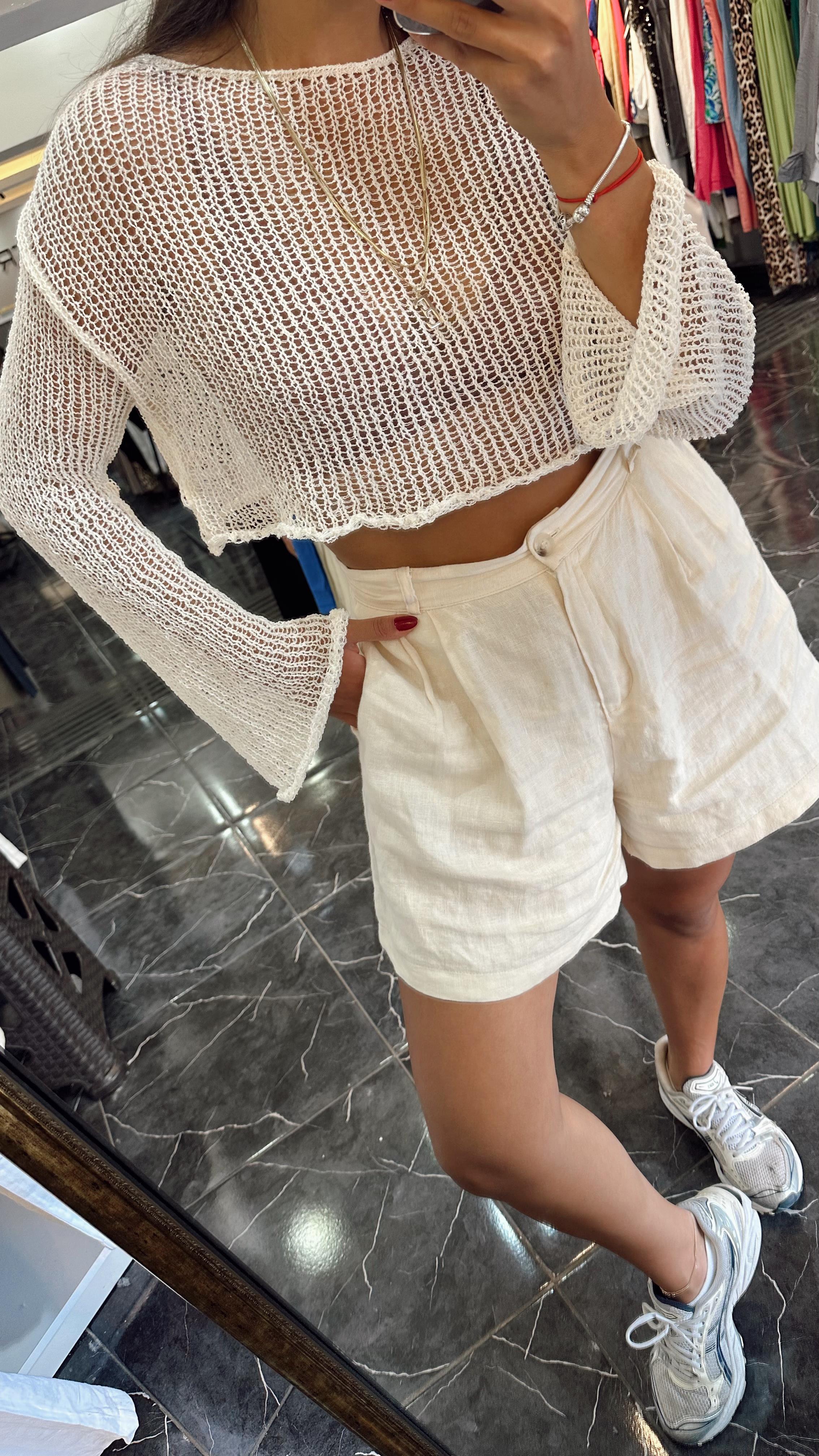 Ekru File Crop Bluz