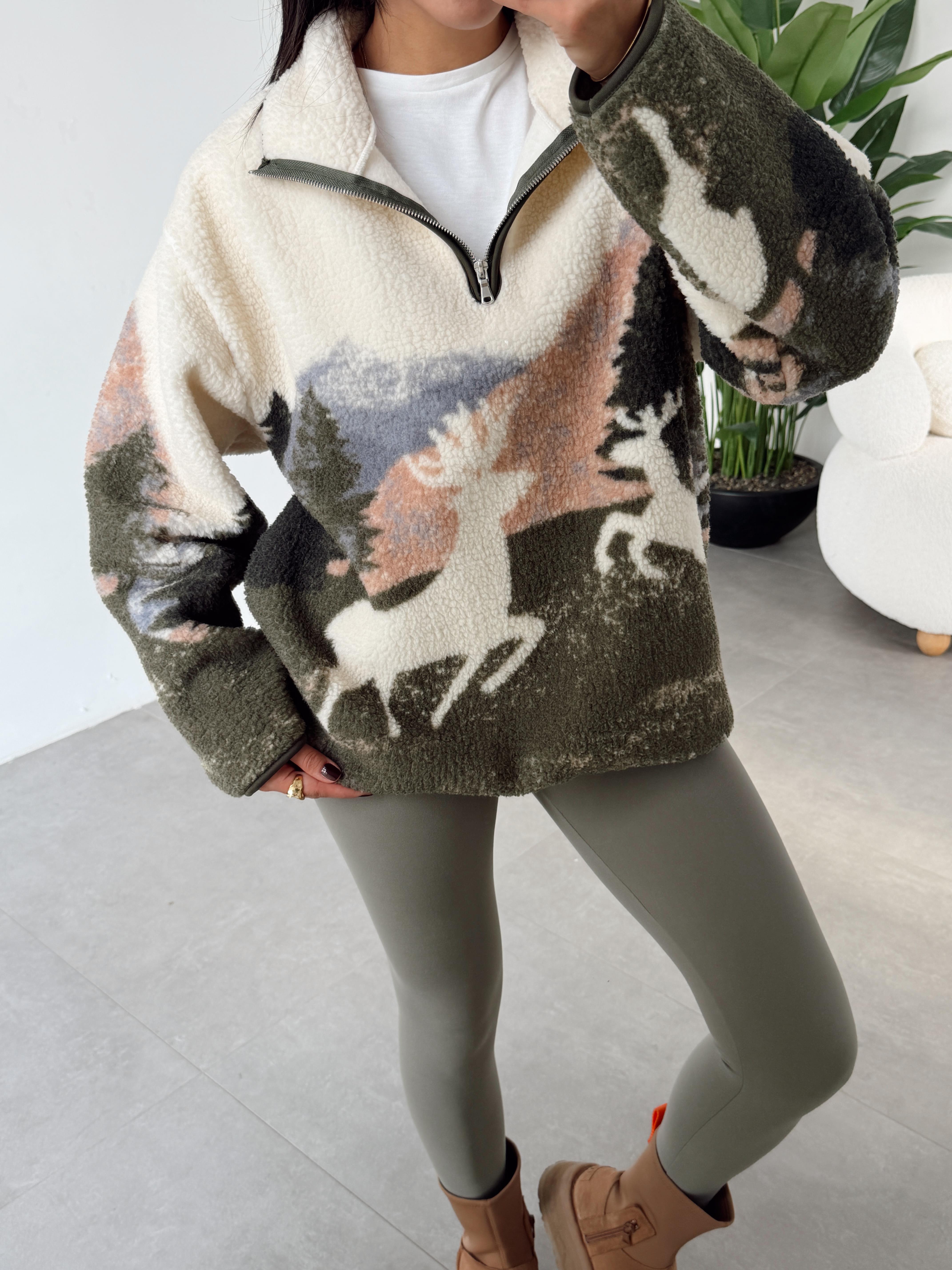 Ekru Geyik Desenli Polar Sweatshirt