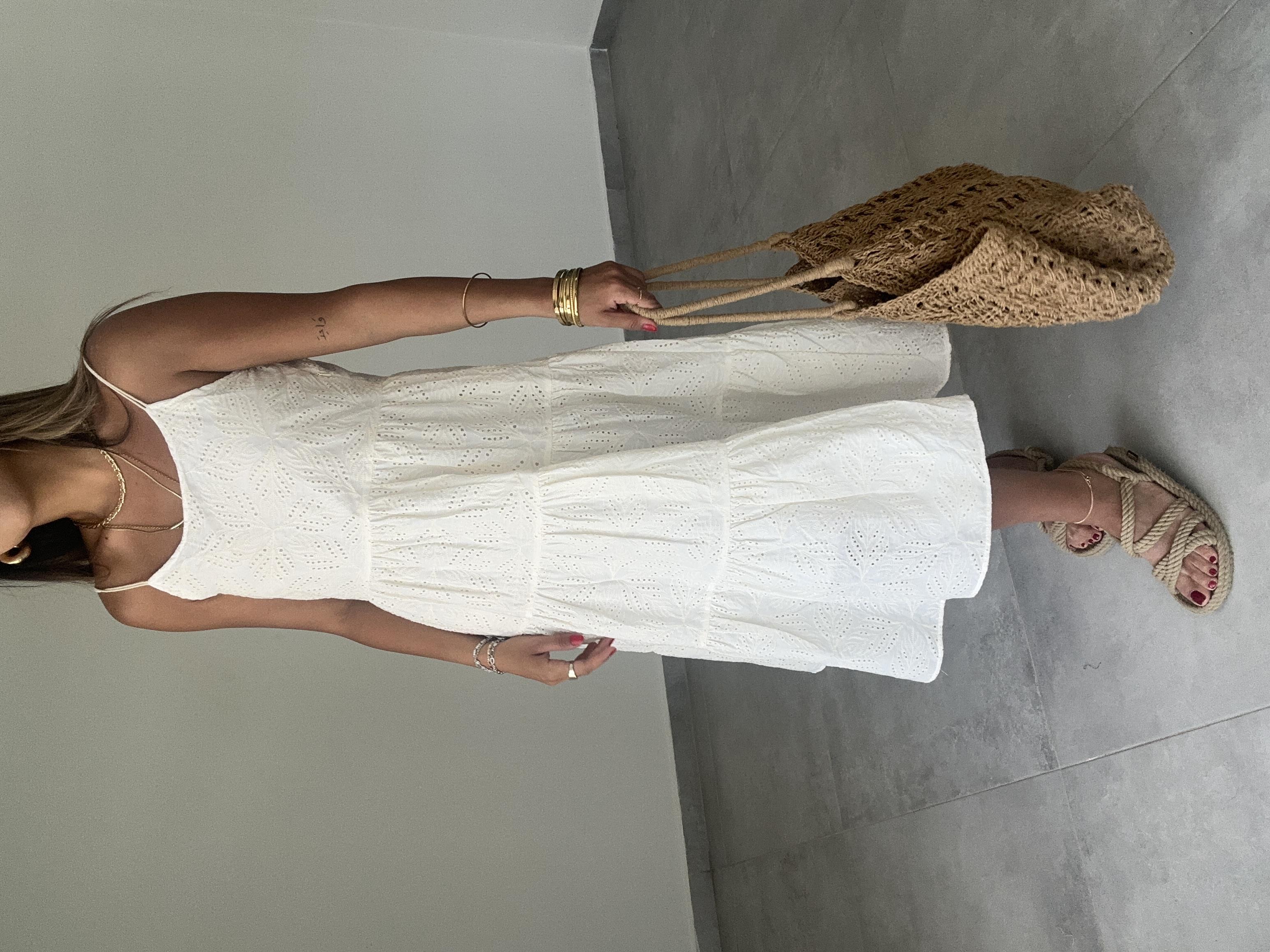 Ekru Güpür İşlemeli Askılı Elbise