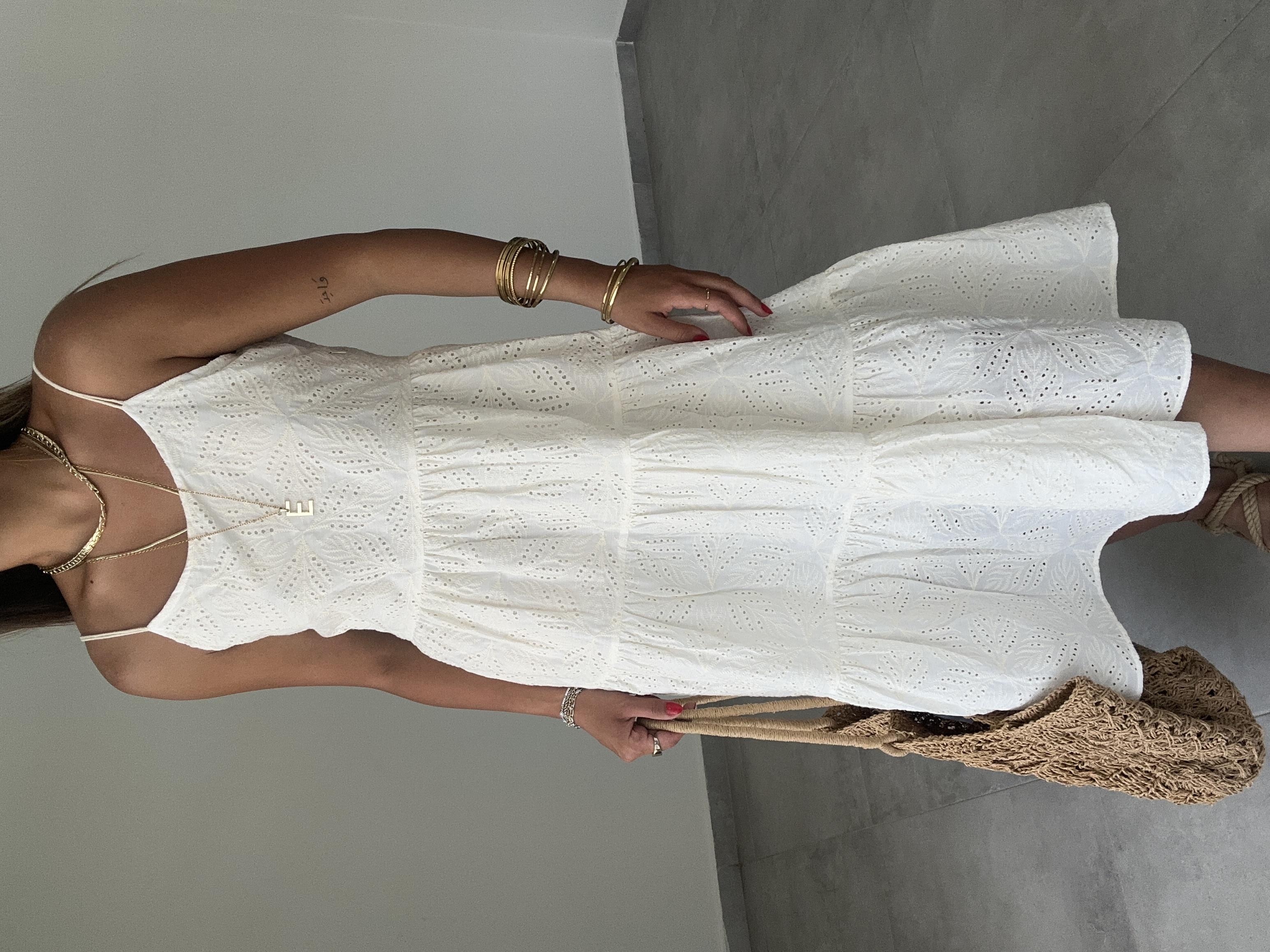 Ekru Güpür İşlemeli Askılı Elbise