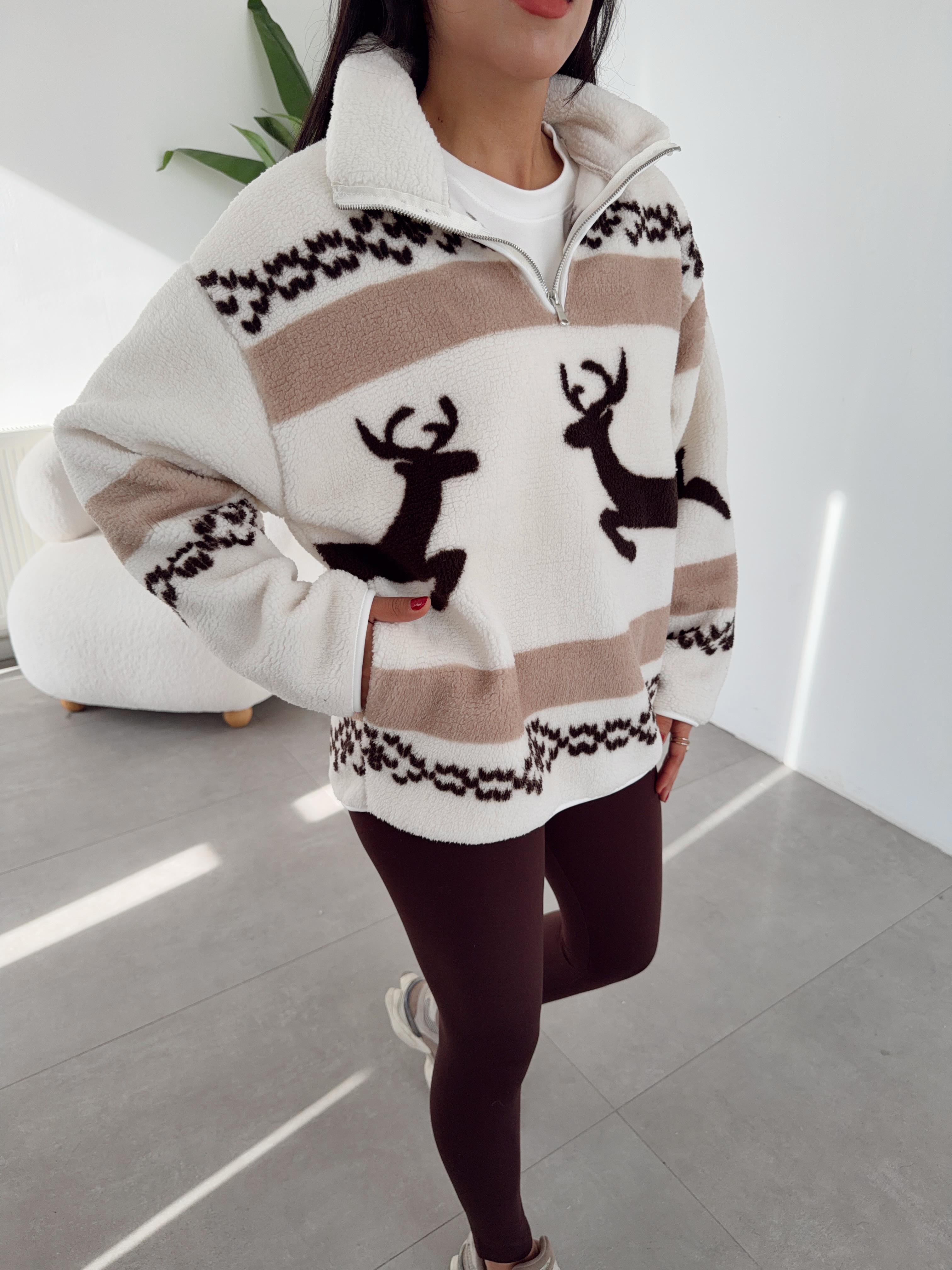 Ekru-Kahve Geyik Desenli Polar Sweatshirt
