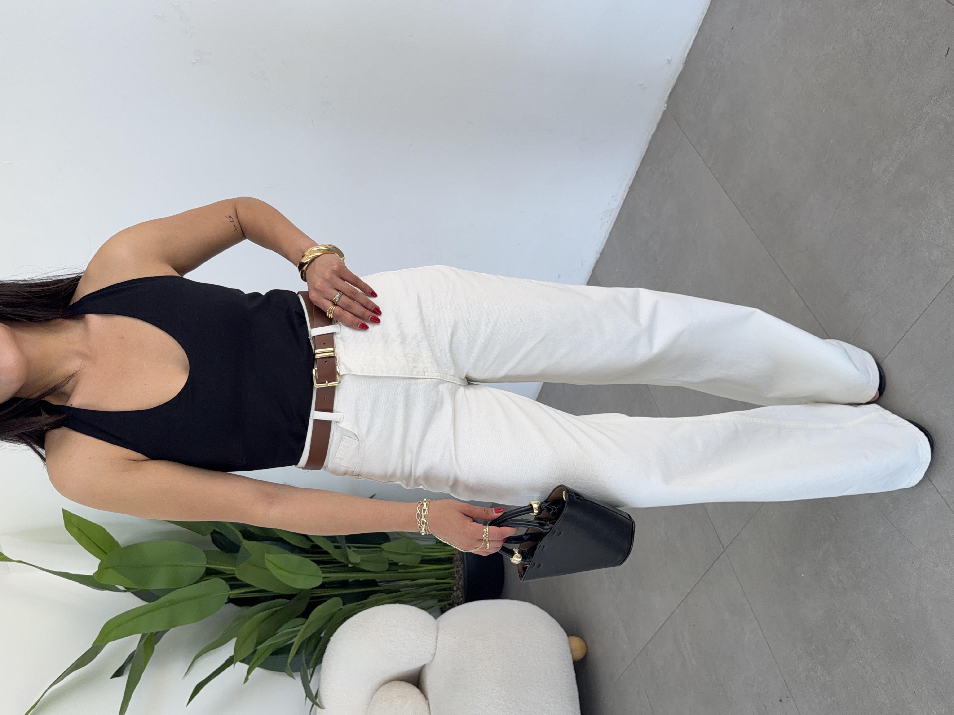 Ekru Kemerli Wideleg Pantolon