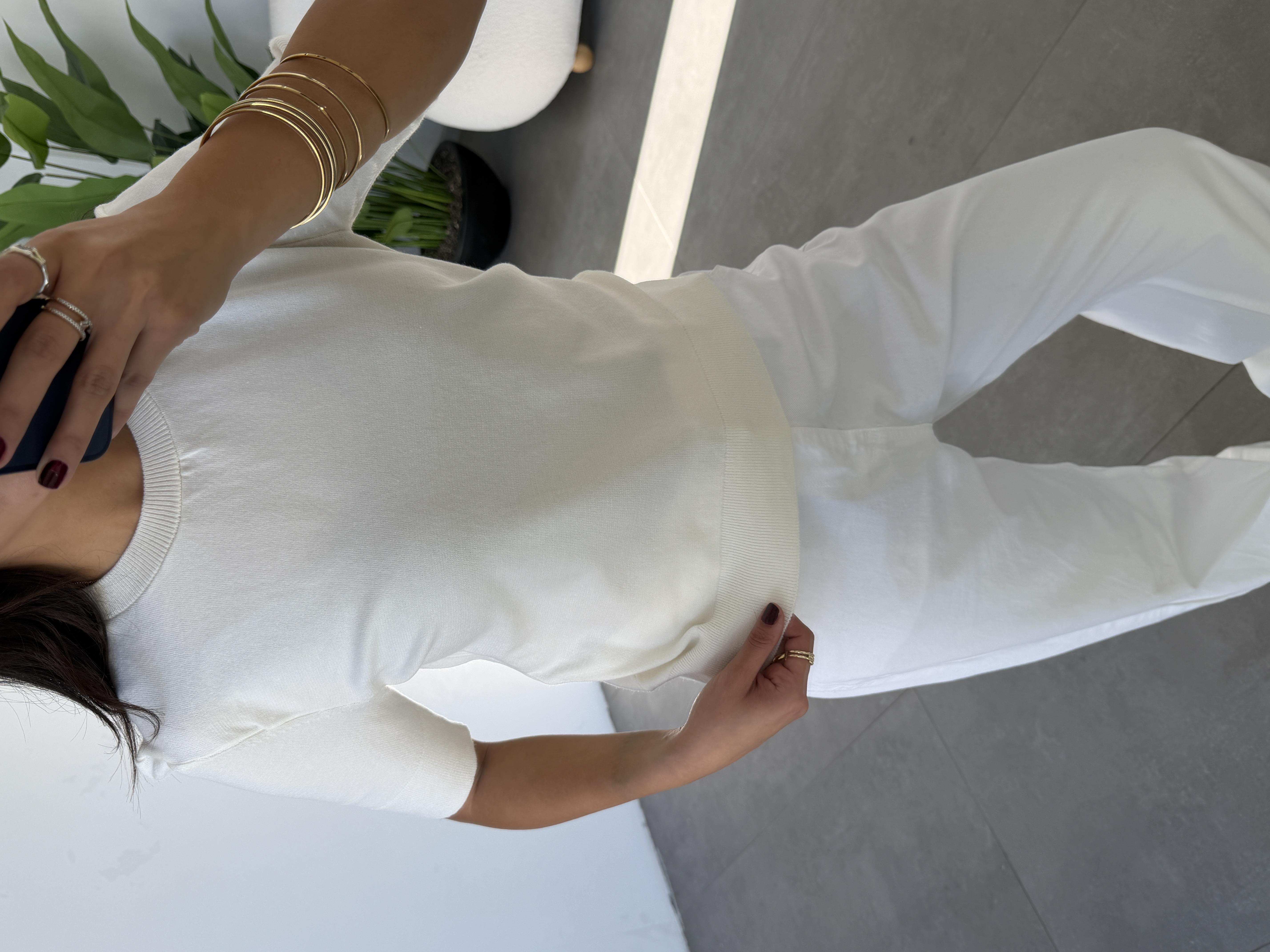 Ekru Kısa Kollu Triko Kazak