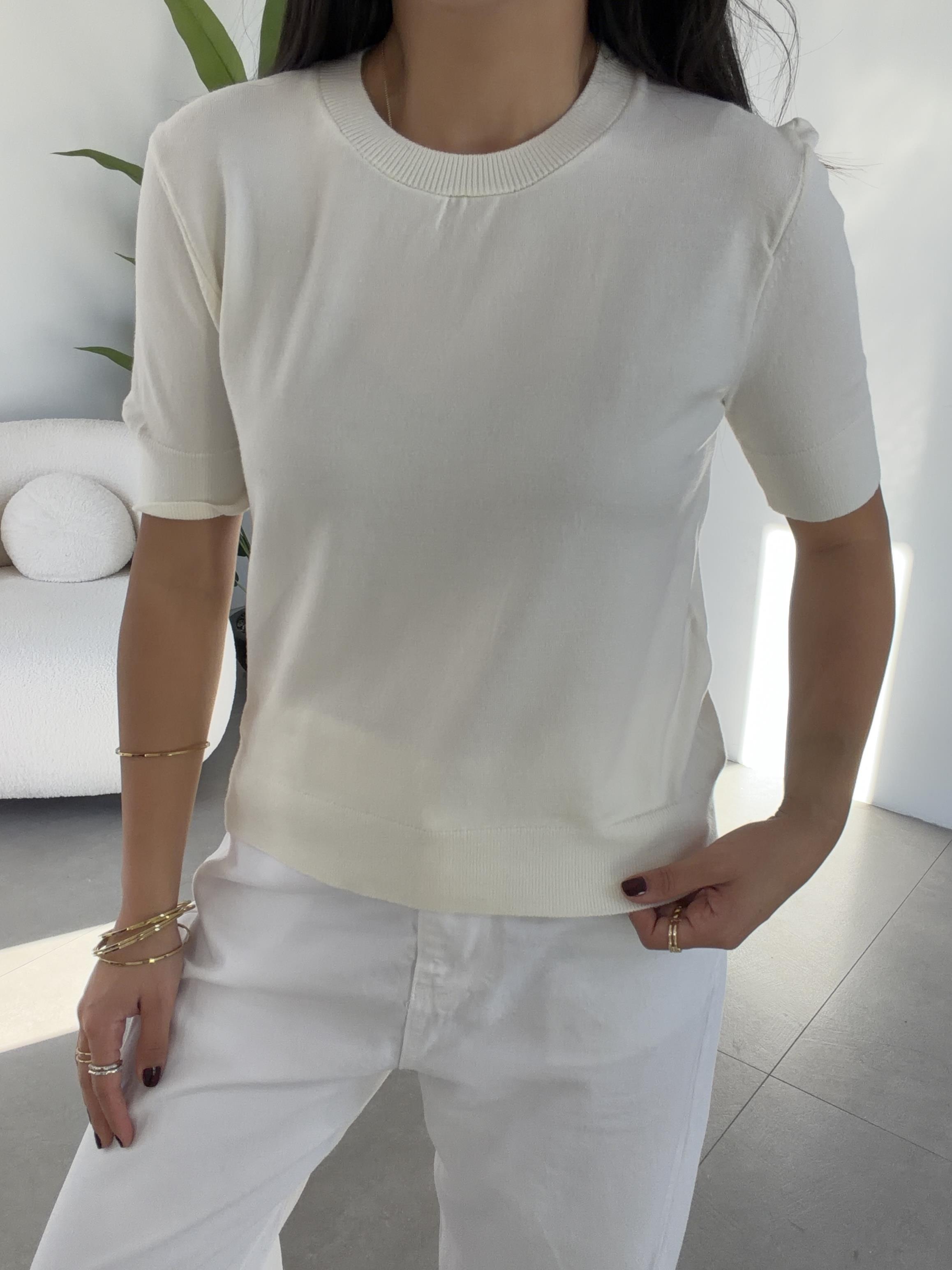 Ekru Kısa Kollu Triko Kazak