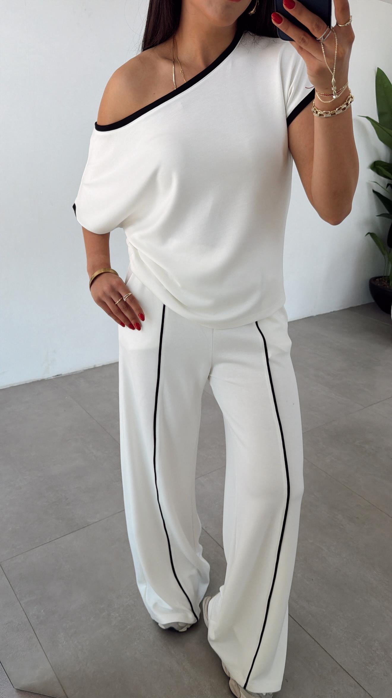 Ekru Modal Kontras Biyeli Tshirt Pantolon Takım
