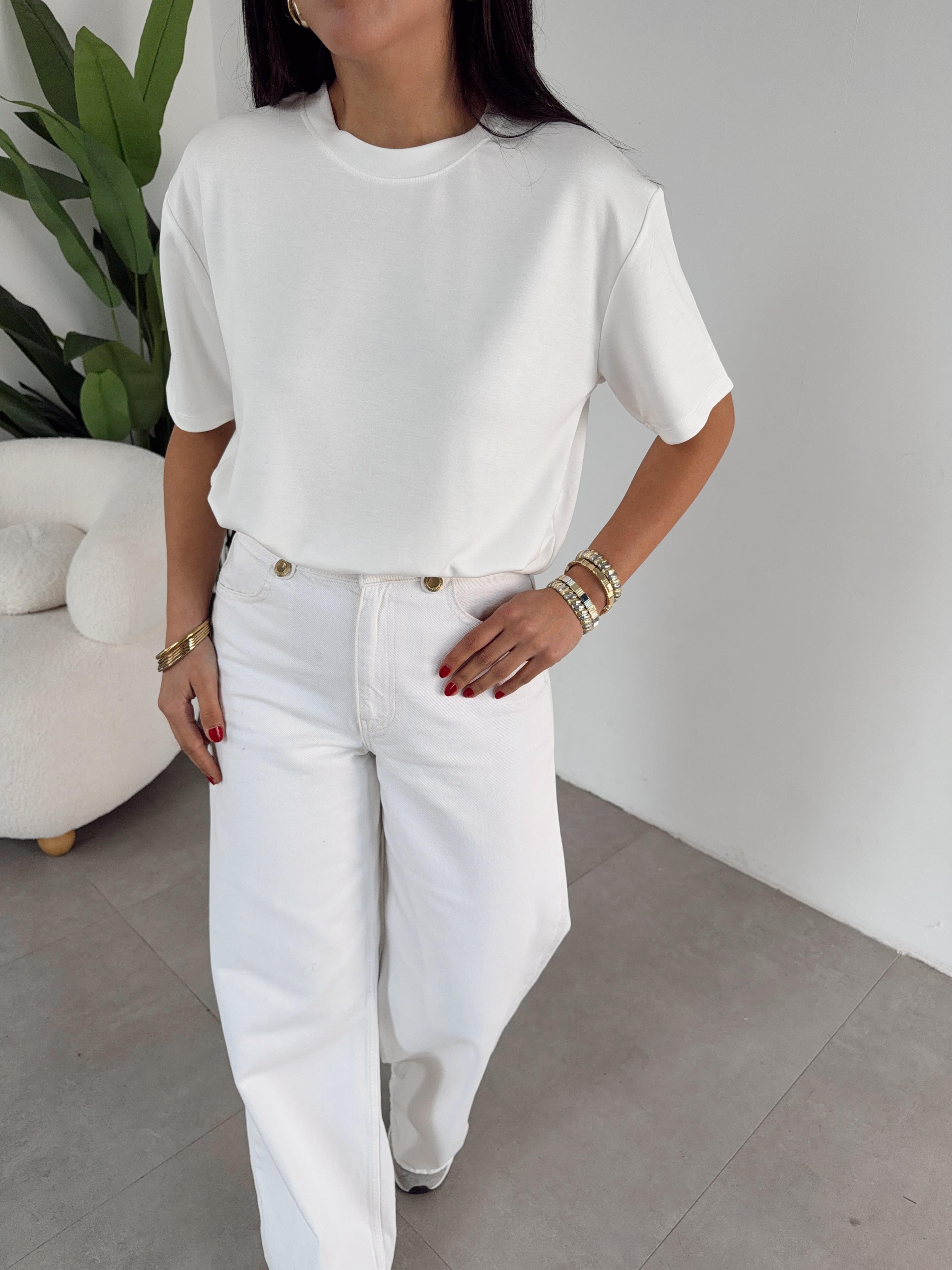 Ekru Modal Kumaş Bisiklet Yaka Tshirt