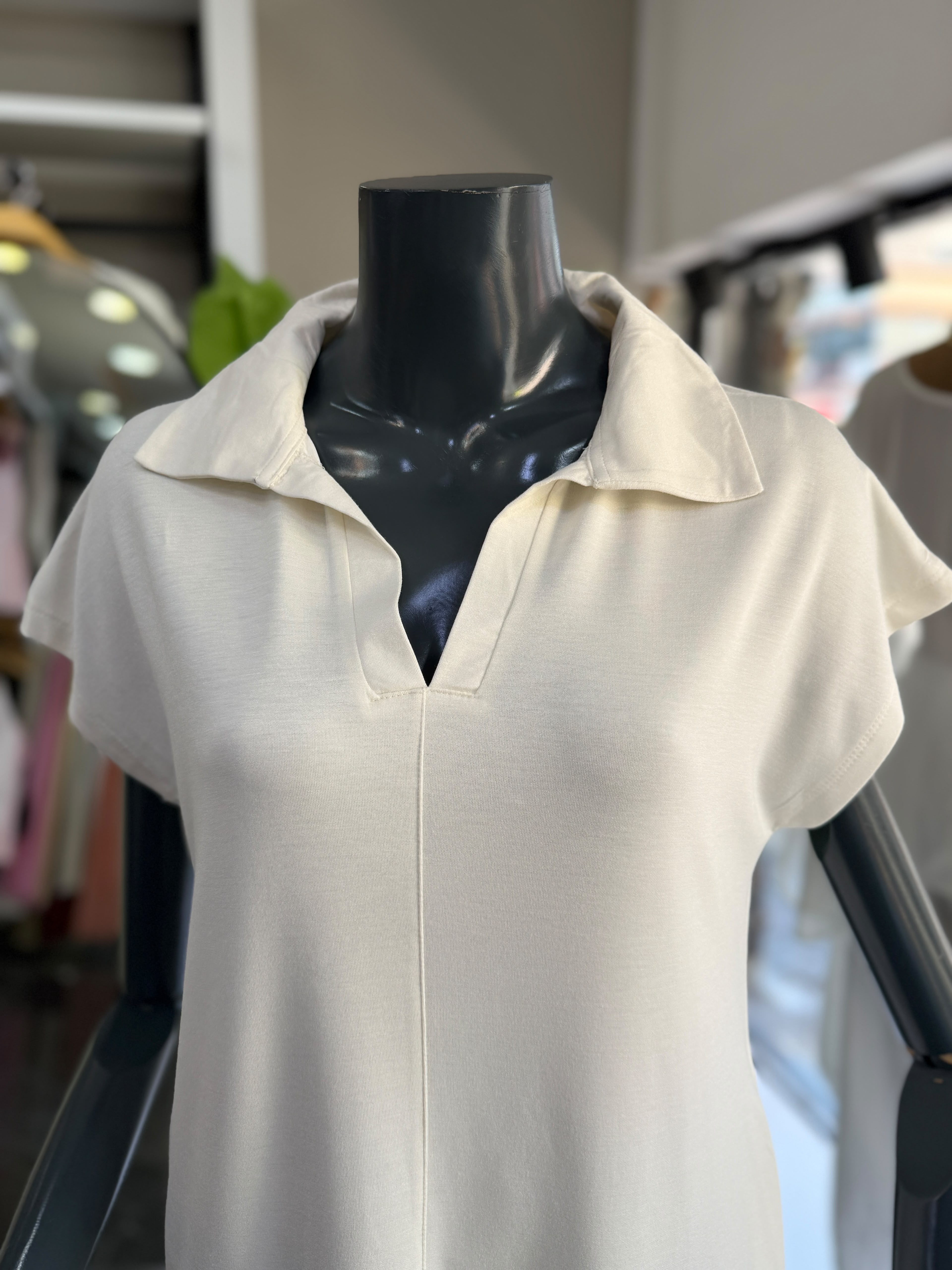 Ekru Modal Polo Yaka Çimalı Elbise