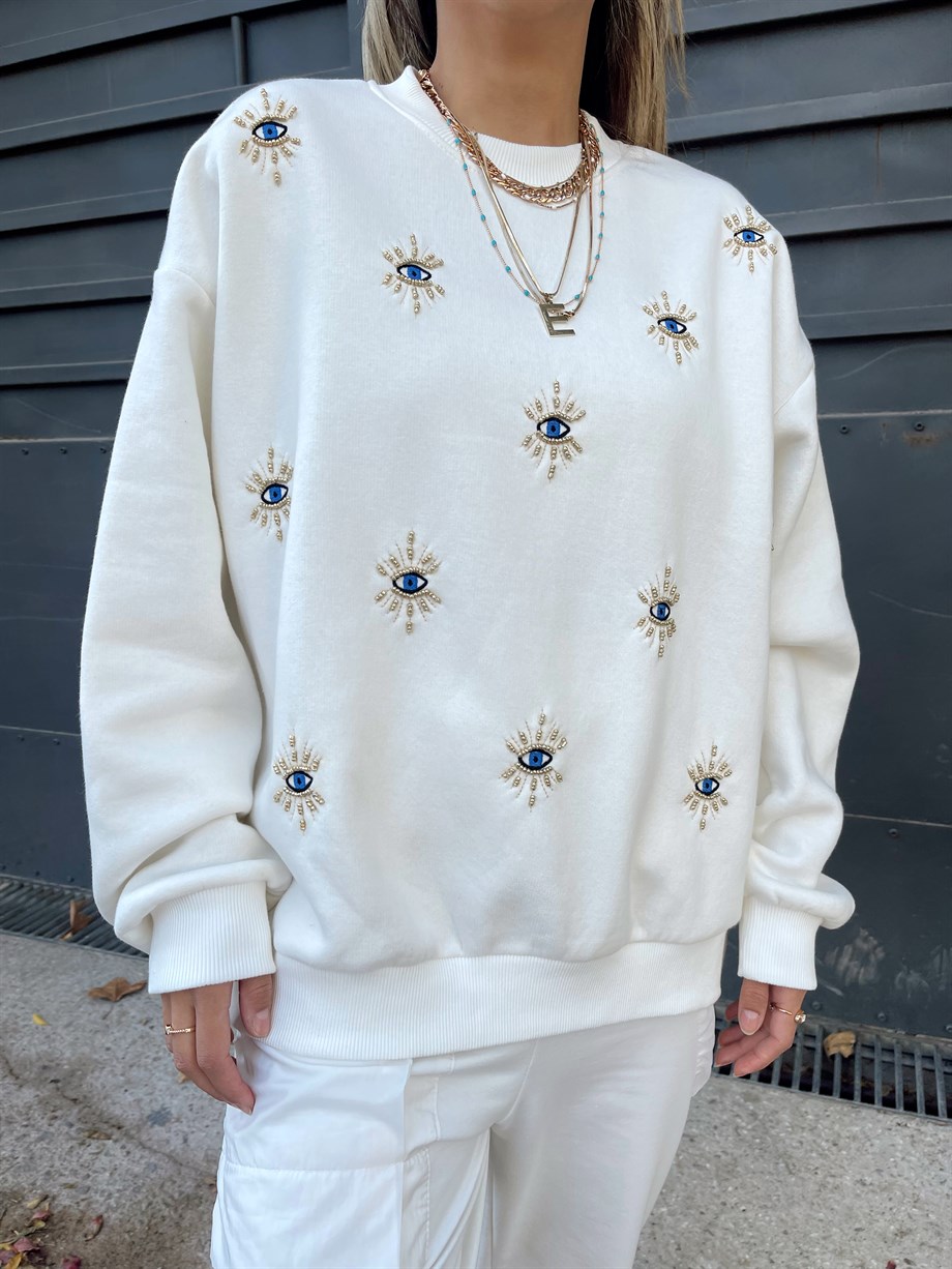 Ekru Nazar Boncuklu Sweatshirt