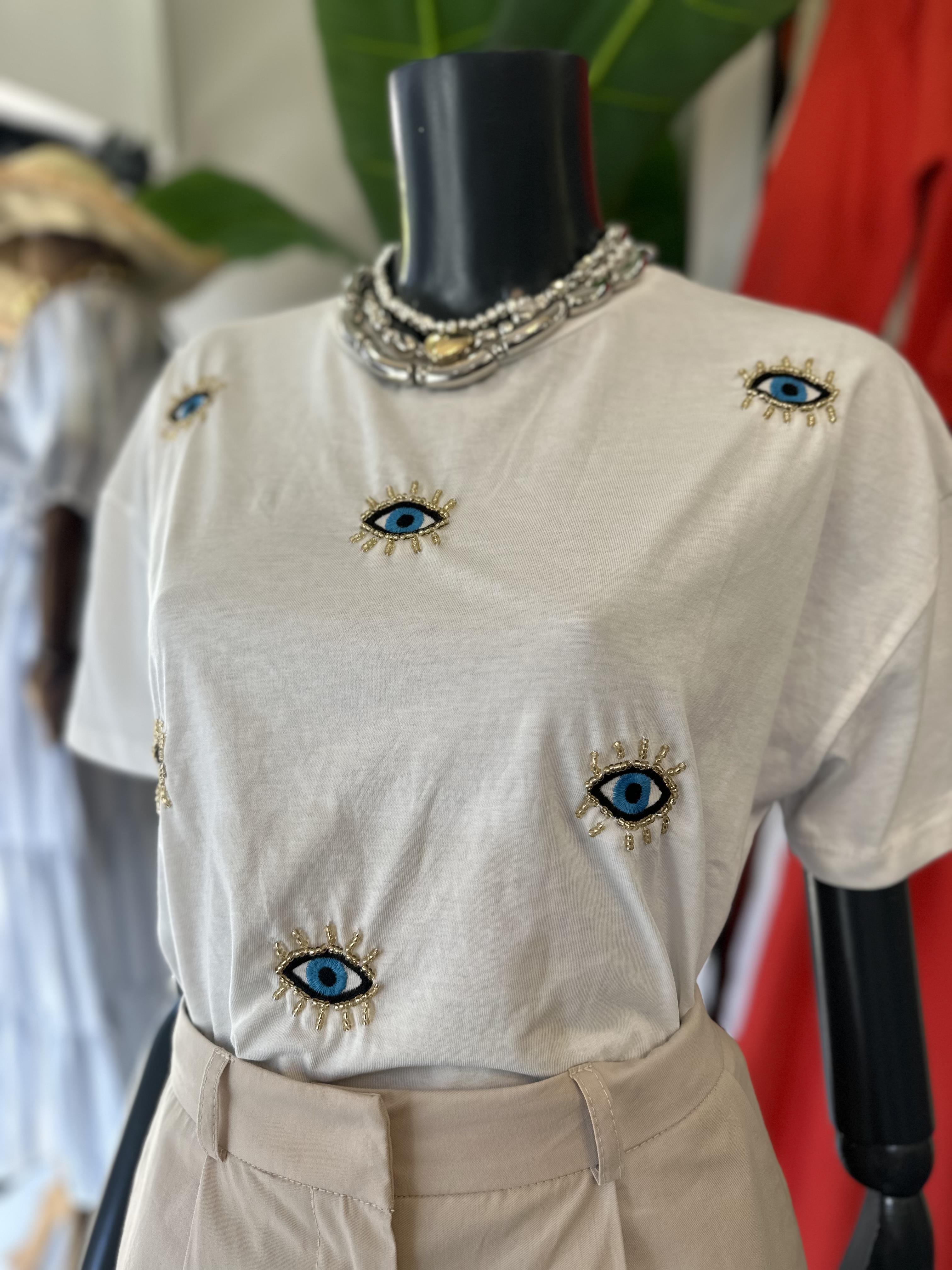 Ekru Nazar Boncuklu Tişört