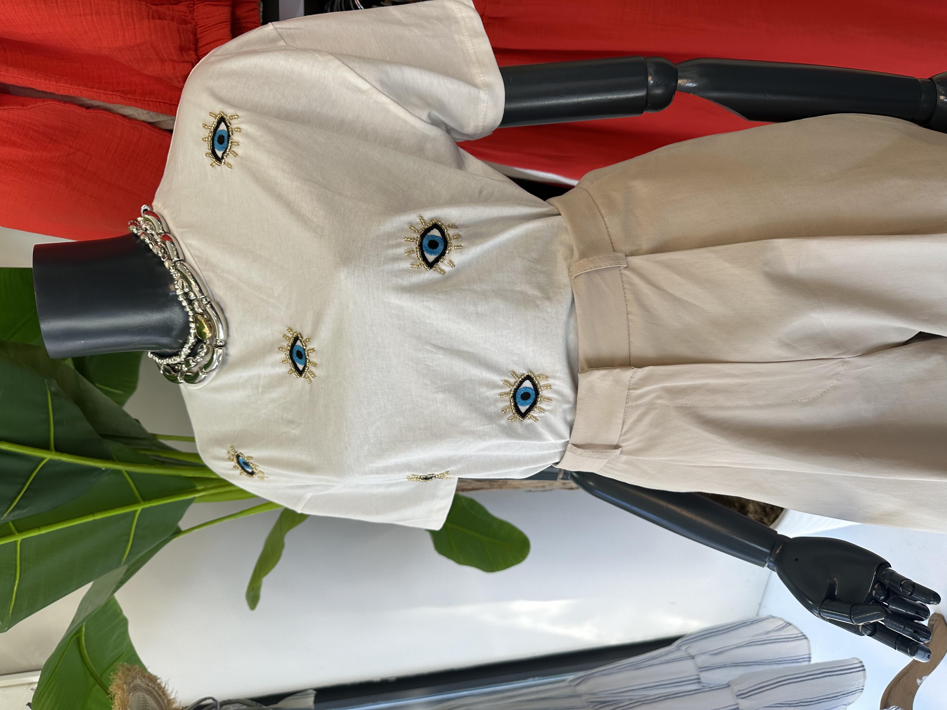 Ekru Nazar Boncuklu Tişört