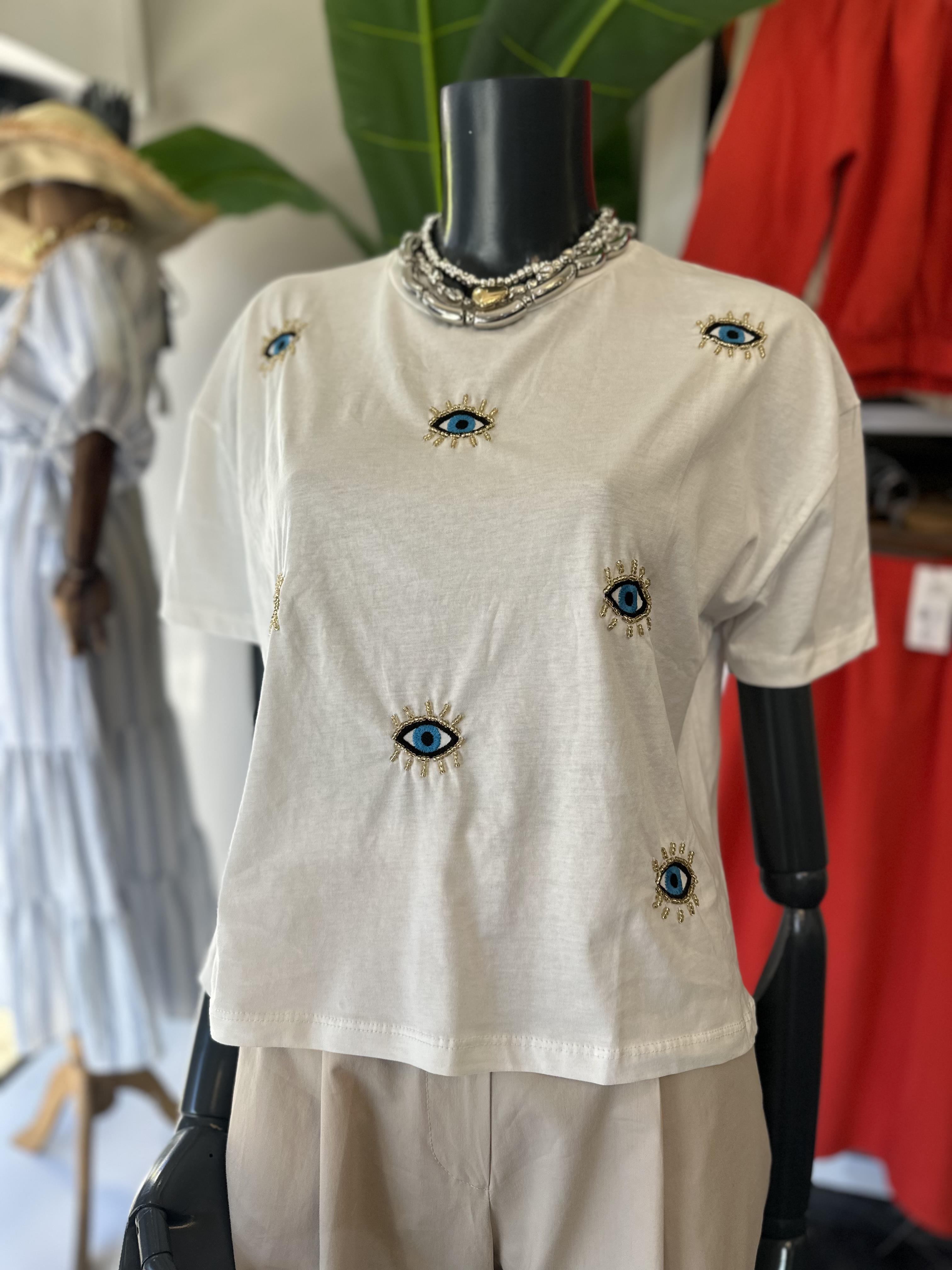 Ekru Nazar Boncuklu Tişört