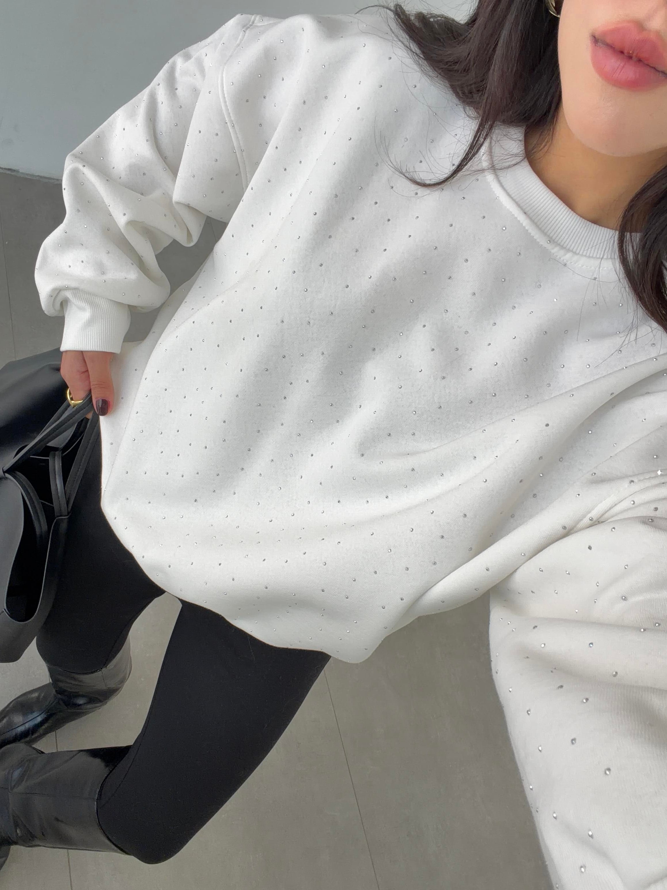 Ekru Oversize Taşlı Sweatshirt