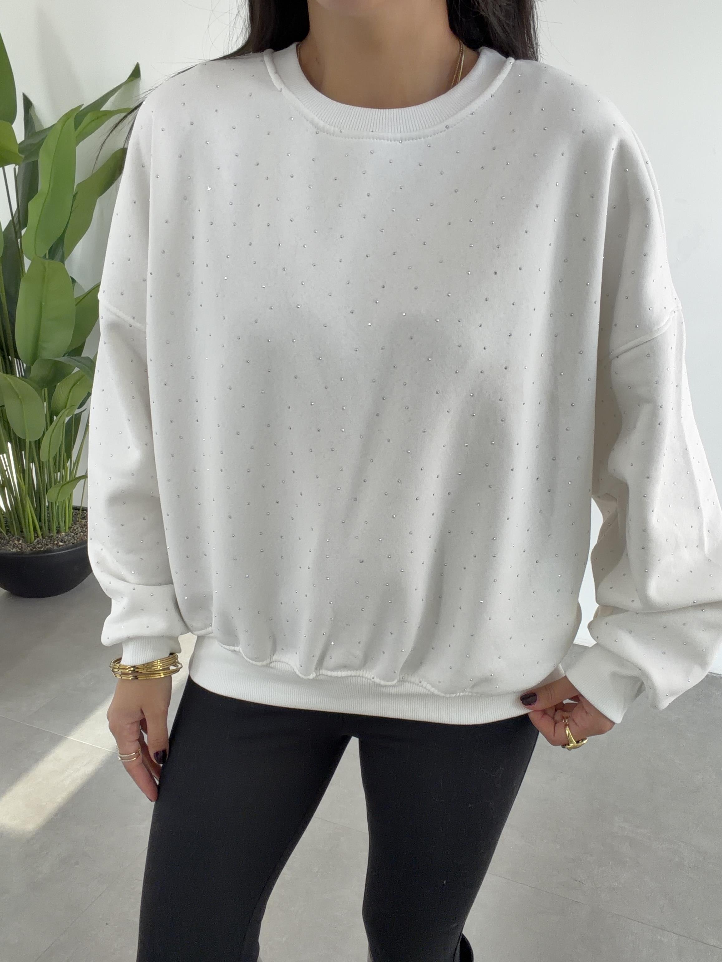 Ekru Oversize Taşlı Sweatshirt