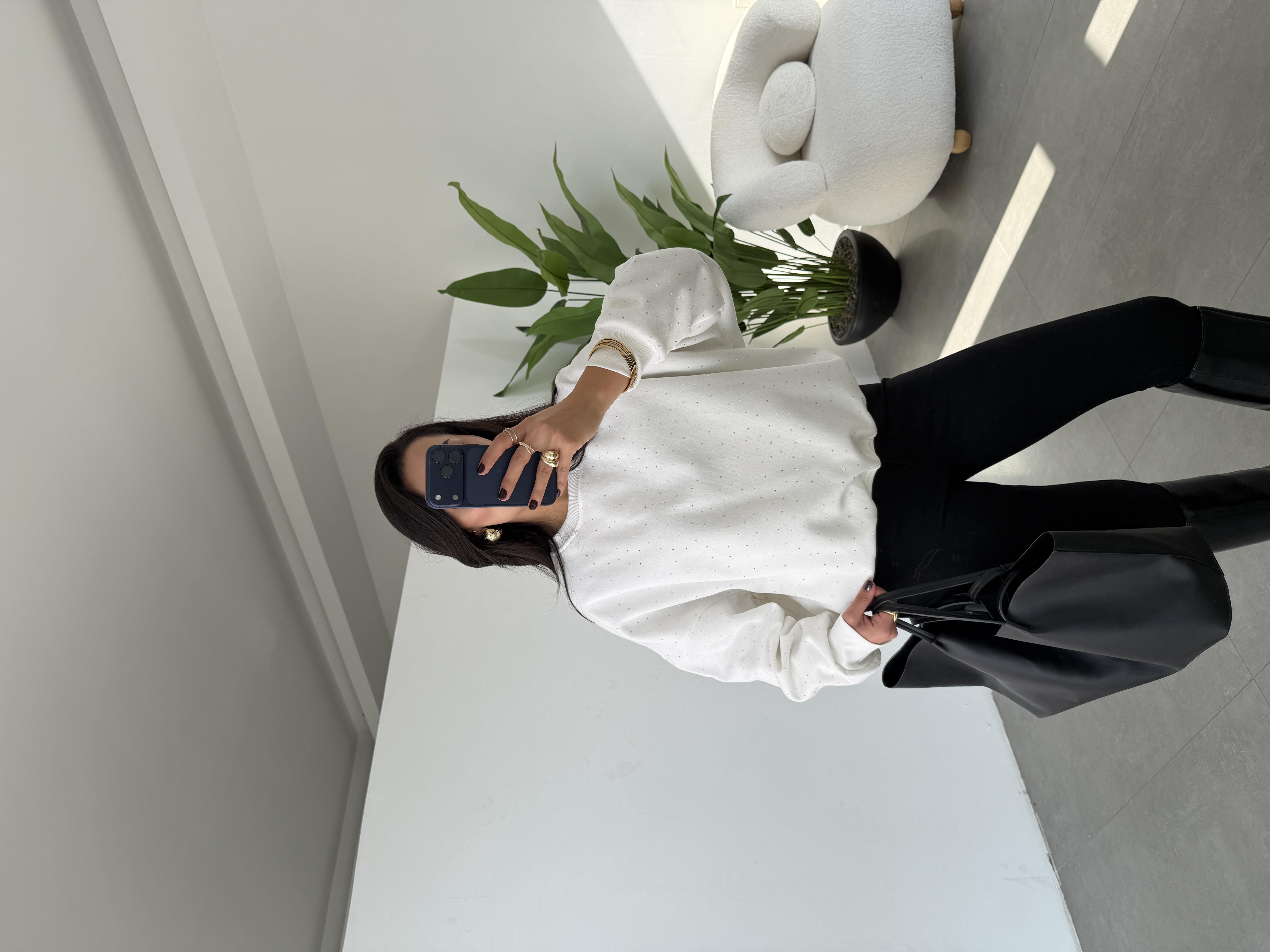 Ekru Oversize Taşlı Sweatshirt