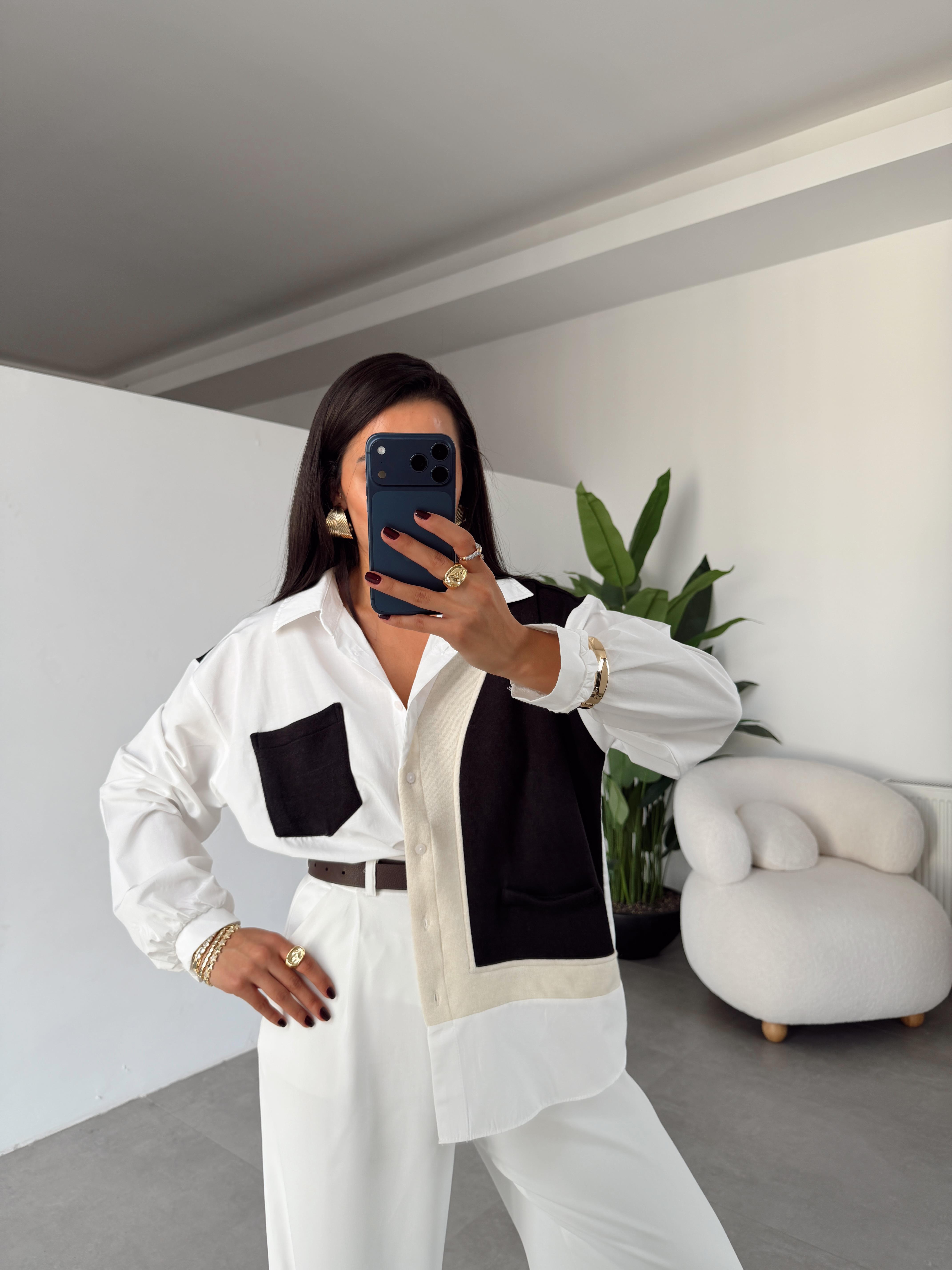 Ekru-Siyah Triko Detaylı Tasarım Gömlek