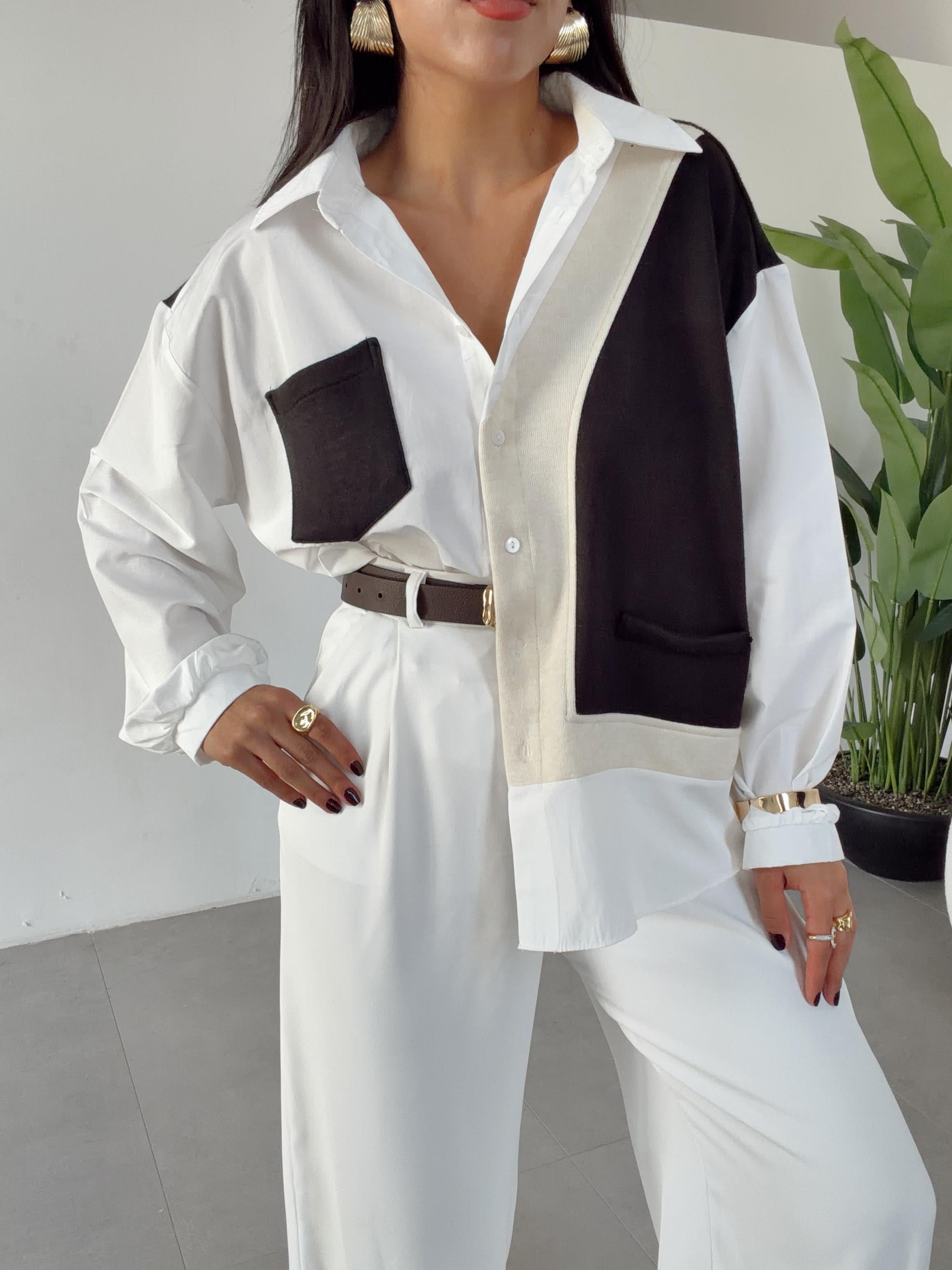 Ekru-Siyah Triko Detaylı Tasarım Gömlek