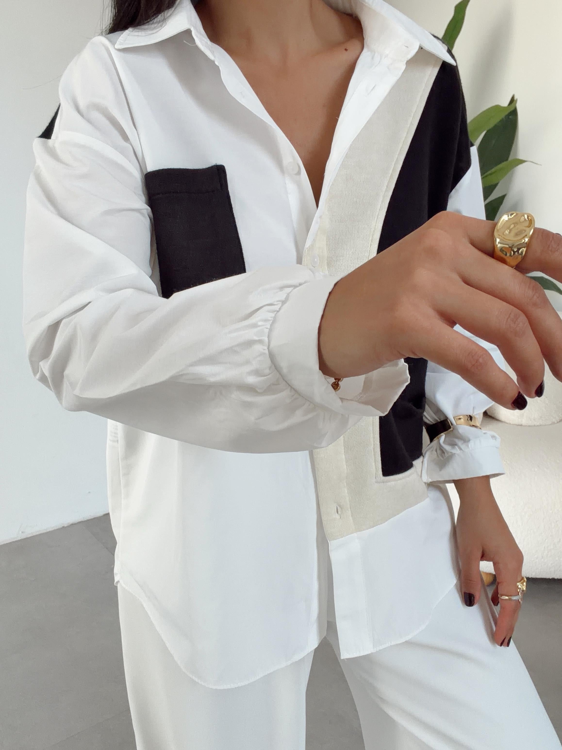 Ekru-Siyah Triko Detaylı Tasarım Gömlek