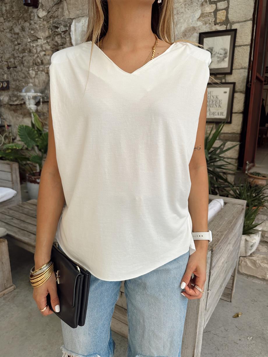 Ekru  Vatkalı V Yaka Bluz