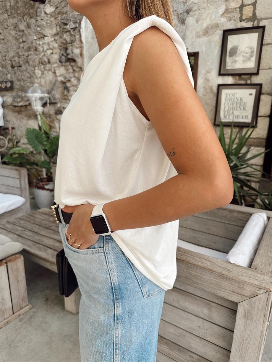 Ekru  Vatkalı V Yaka Bluz