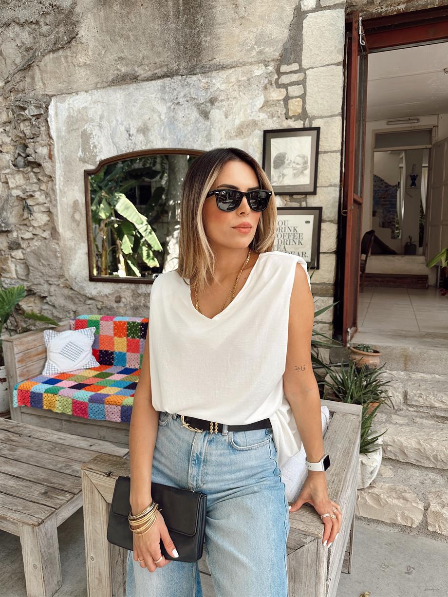 Ekru  Vatkalı V Yaka Bluz