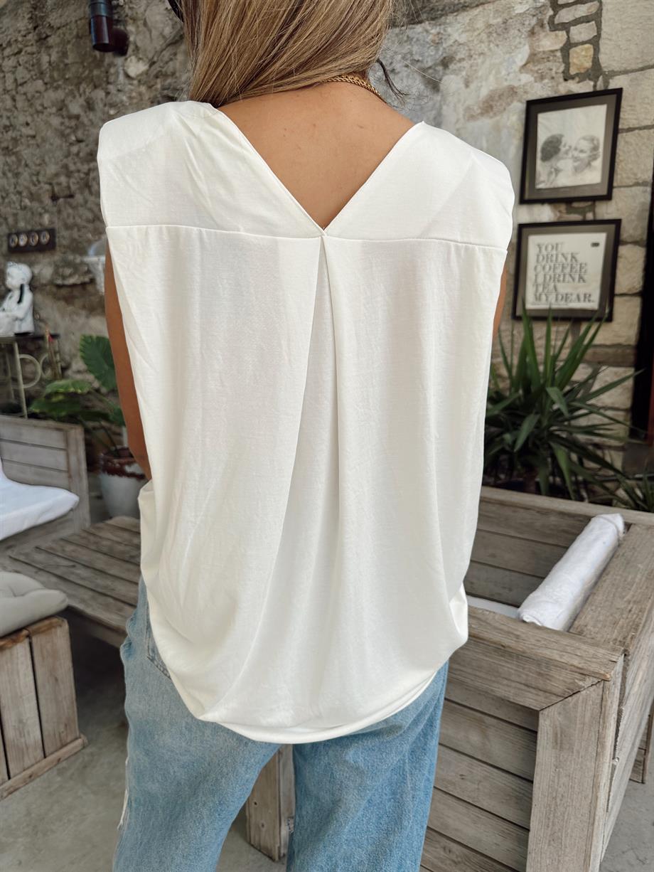 Ekru  Vatkalı V Yaka Bluz