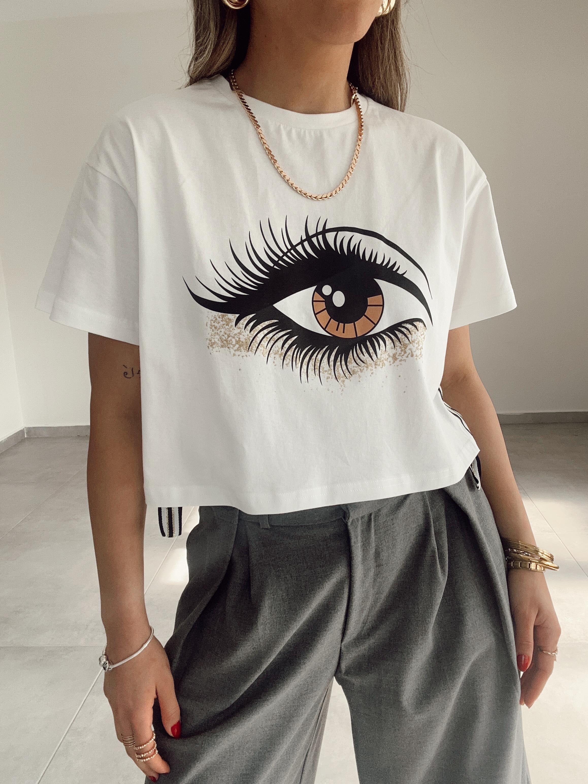 Ekru Yanları Şerit Detaylı Baskılı Tshirt