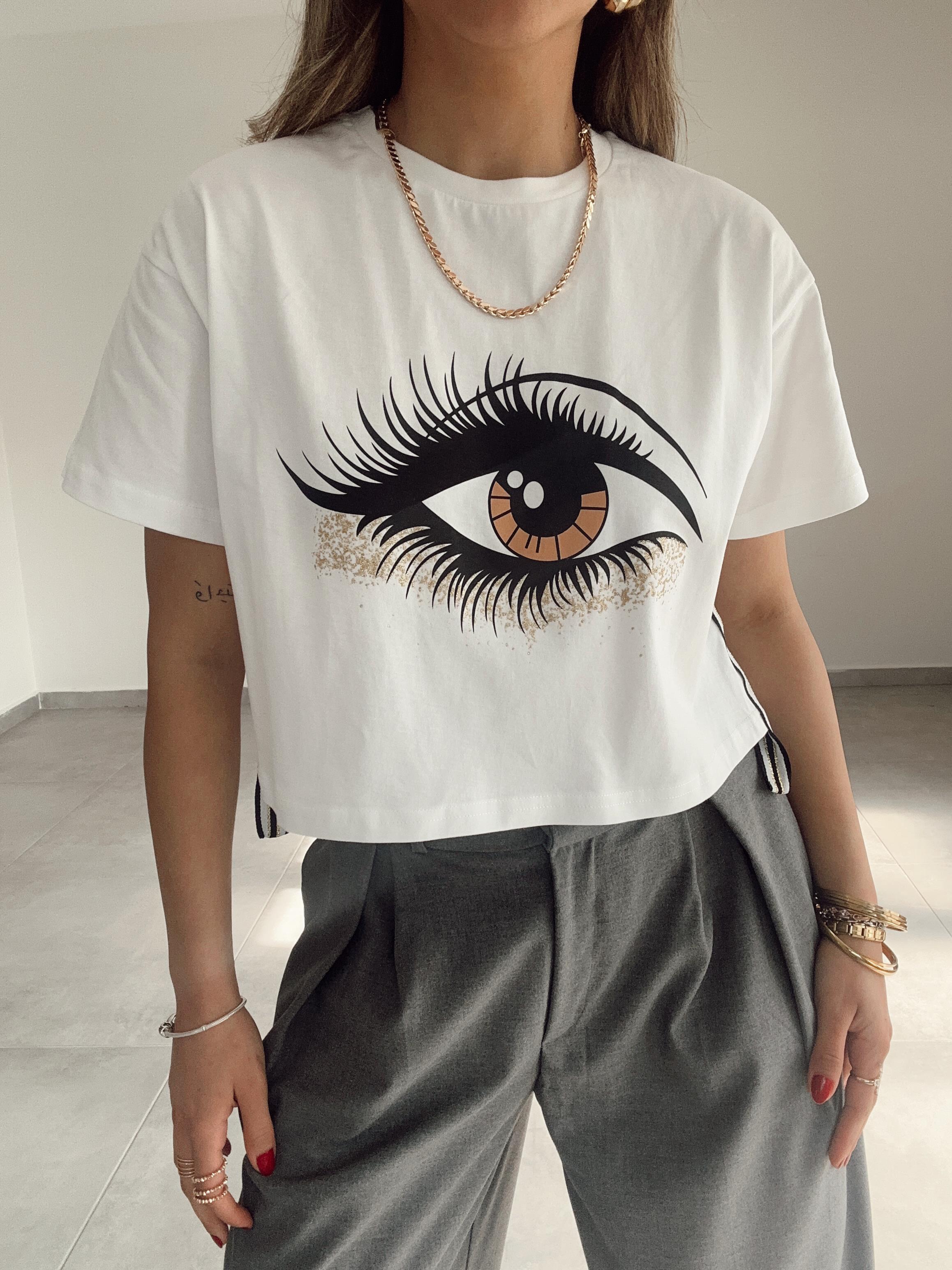 Ekru Yanları Şerit Detaylı Baskılı Tshirt