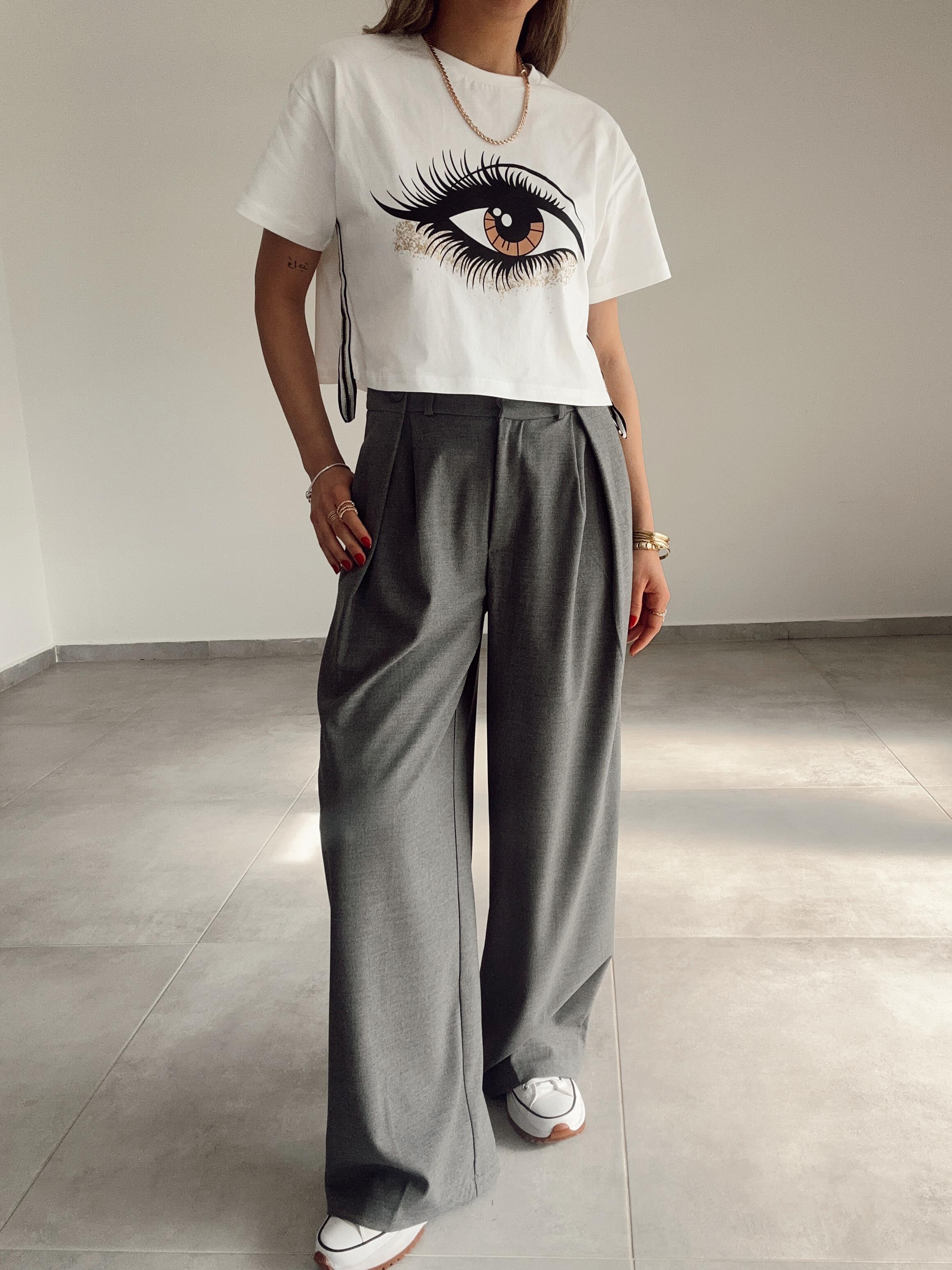 Ekru Yanları Şerit Detaylı Baskılı Tshirt