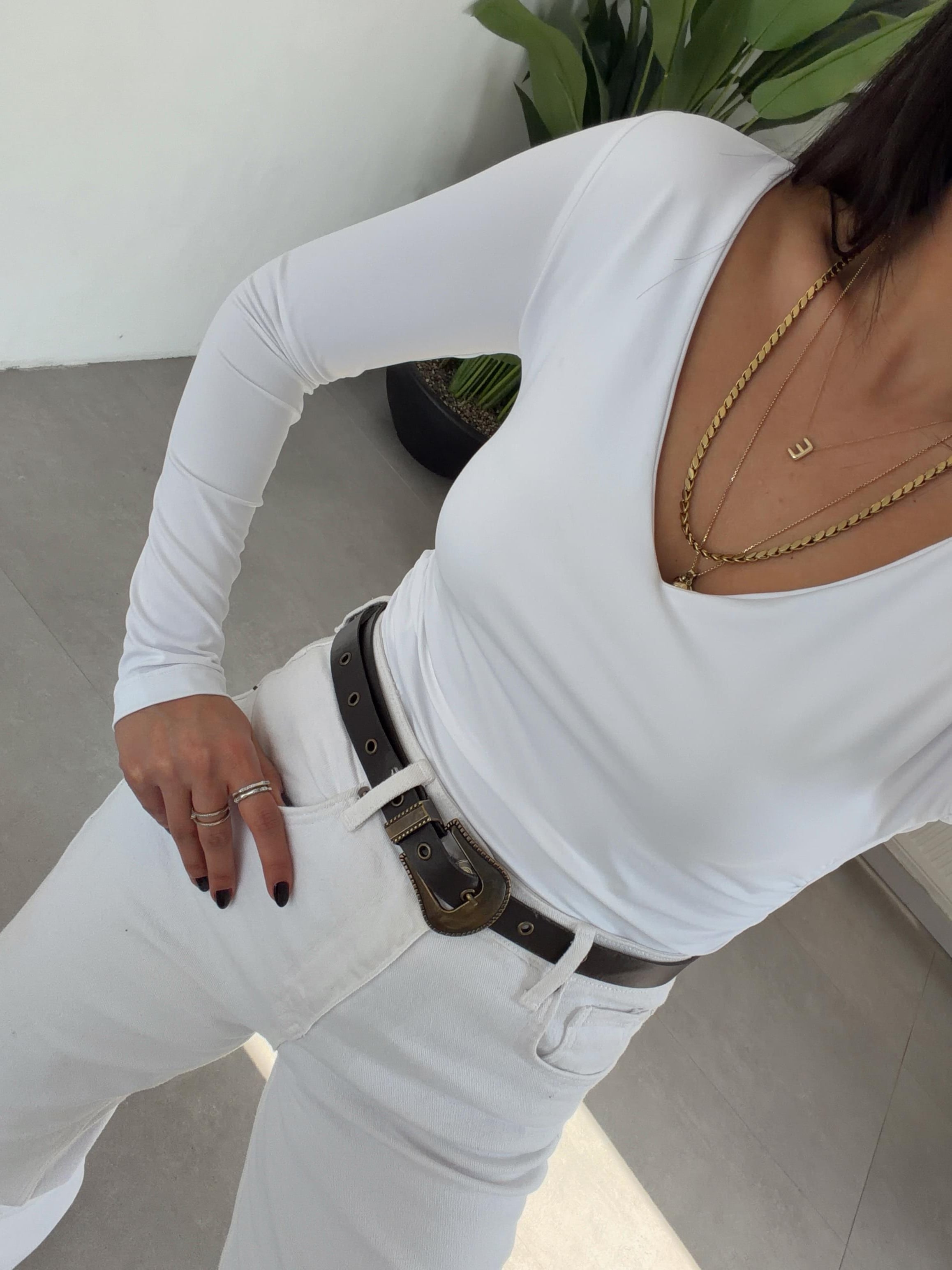 Ekru Zıbınlı Uzun Kol Body