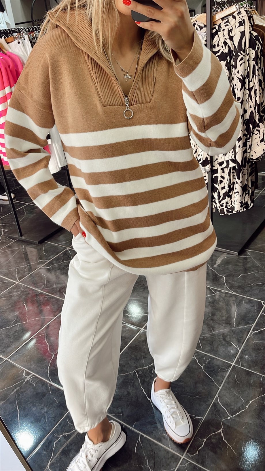 Fermuarlı Çizgili Camel Triko Kazak